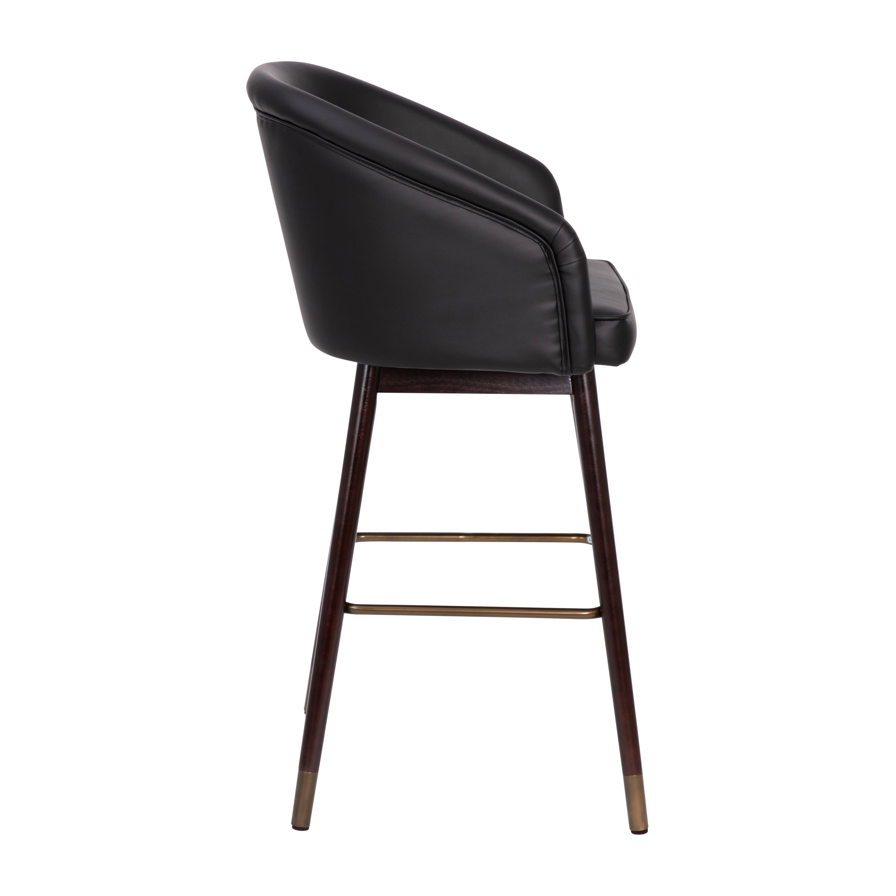 Margo 30" Commercial Grade Mid-Back Modern Barstool with Walnut Finish Beechwood Legs and Curved Back, Black LeatherSoft with Muted Bronze Accents