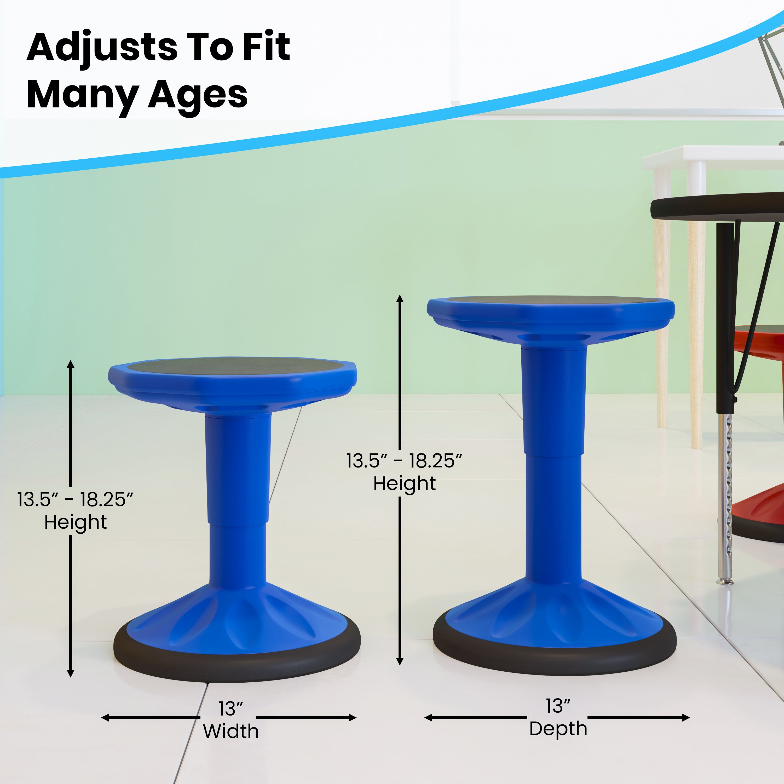 Carter Adjustable Height Kids Flexible Active Stool for Classroom and Home with Non-Skid Bottom in Blue, 14" - 18" Seat Height