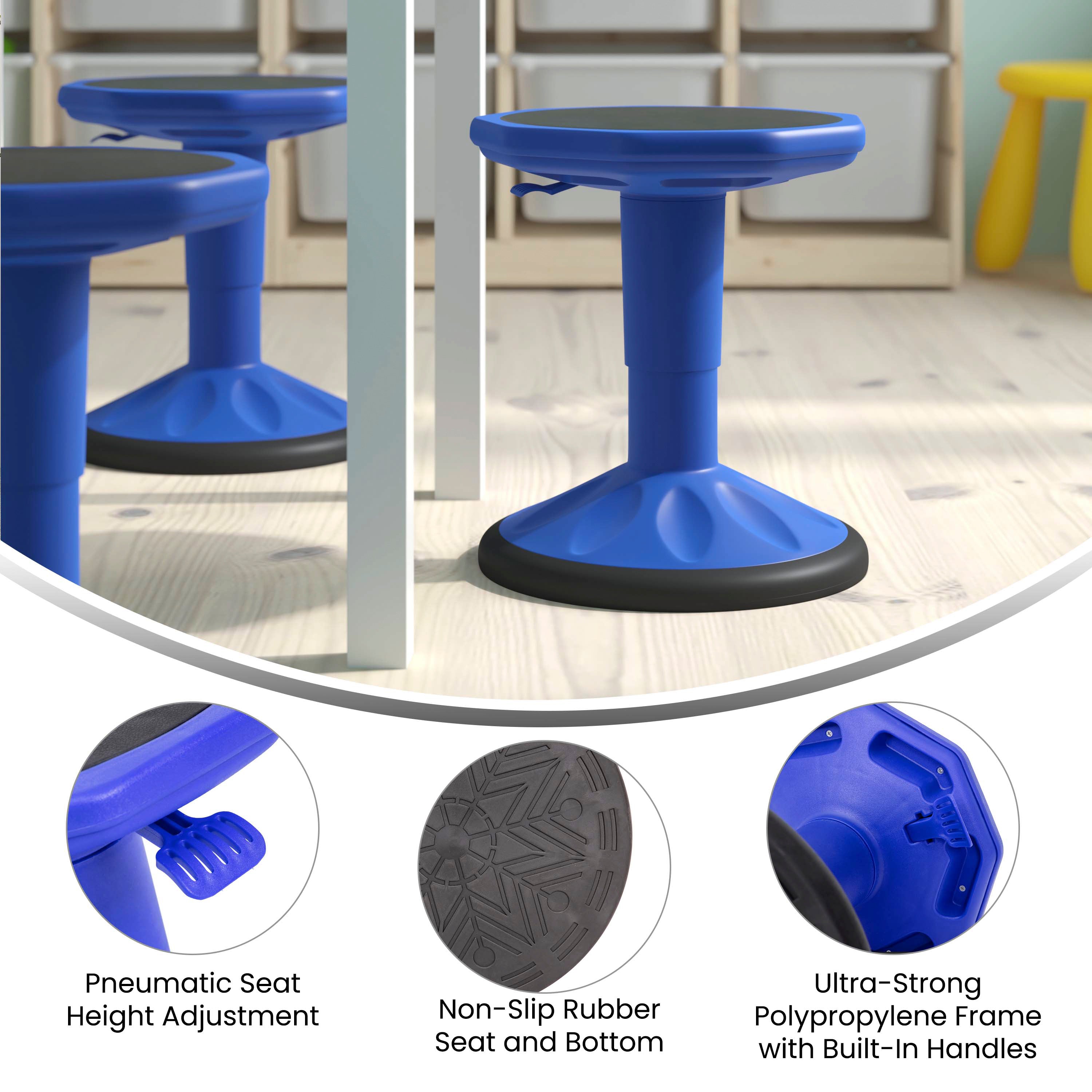 Carter Adjustable Height Kids Flexible Active Stool for Classroom and Home with Non-Skid Bottom in Blue, 14" - 18" Seat Height