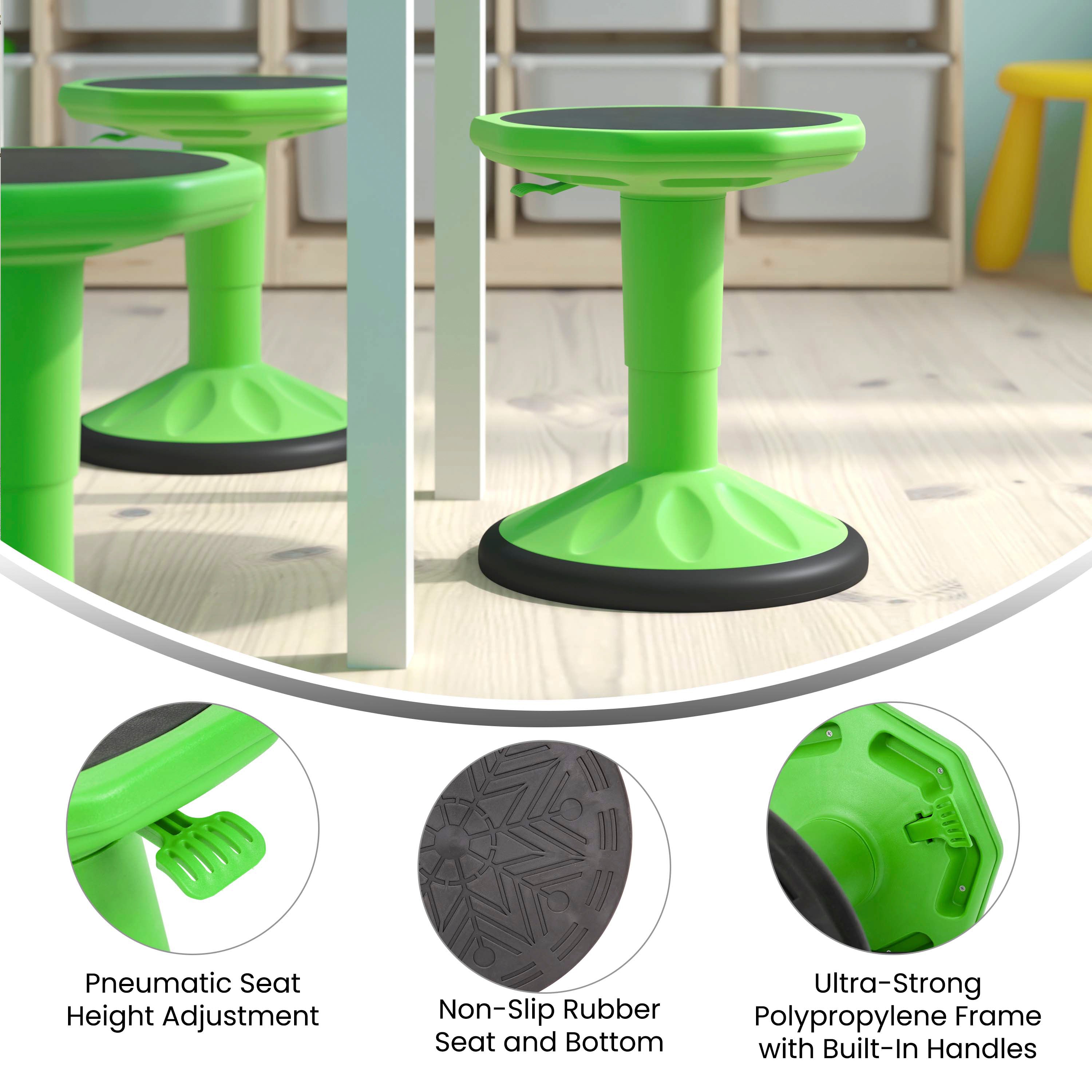 Carter Adjustable Height Kids Flexible Active Stool for Classroom and Home with Non-Skid Bottom in Green, 14" - 18" Seat Height