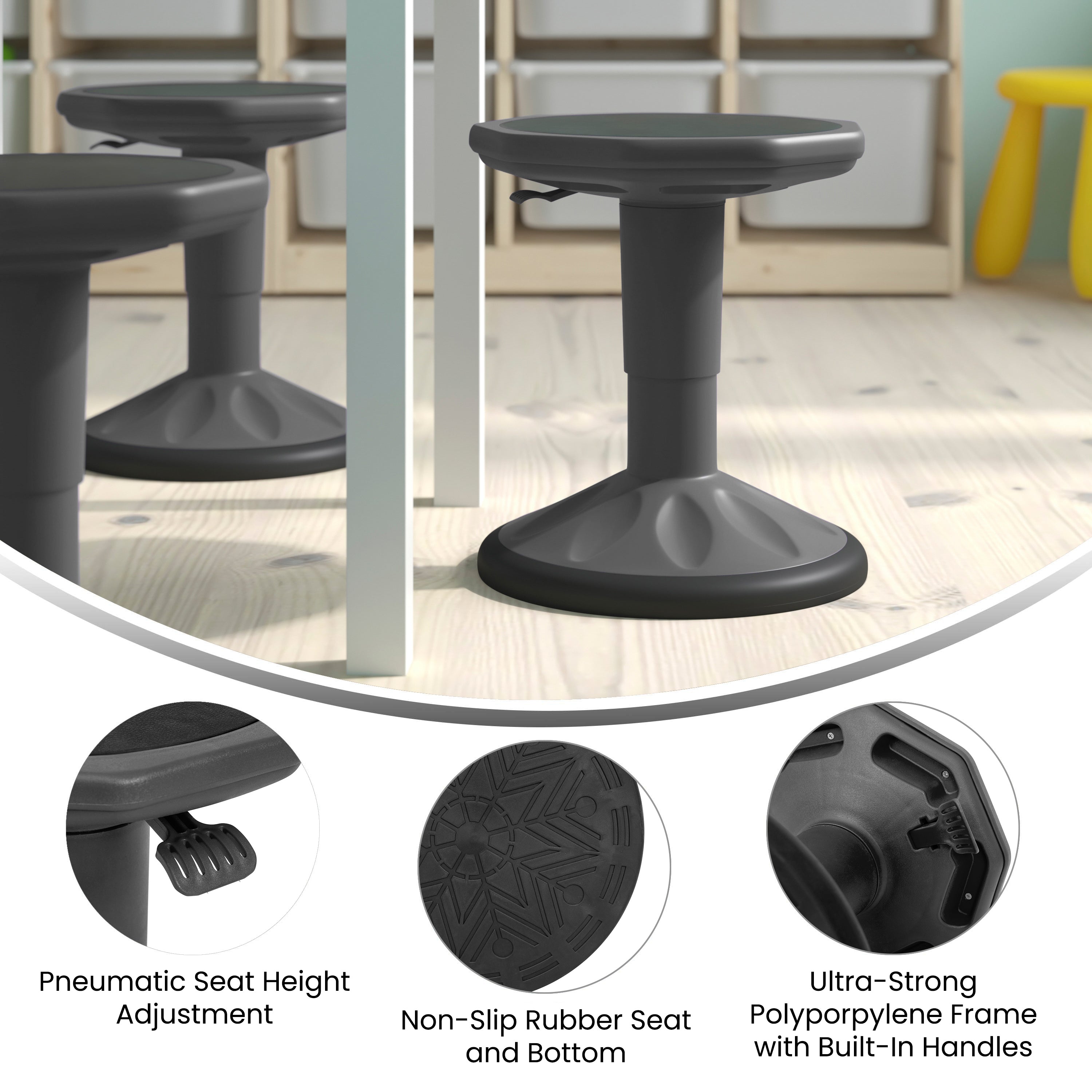 Carter Adjustable Height Kids Flexible Active Stool for Classroom and Home with Non-Skid Bottom in Gray, 14" - 18" Seat Height