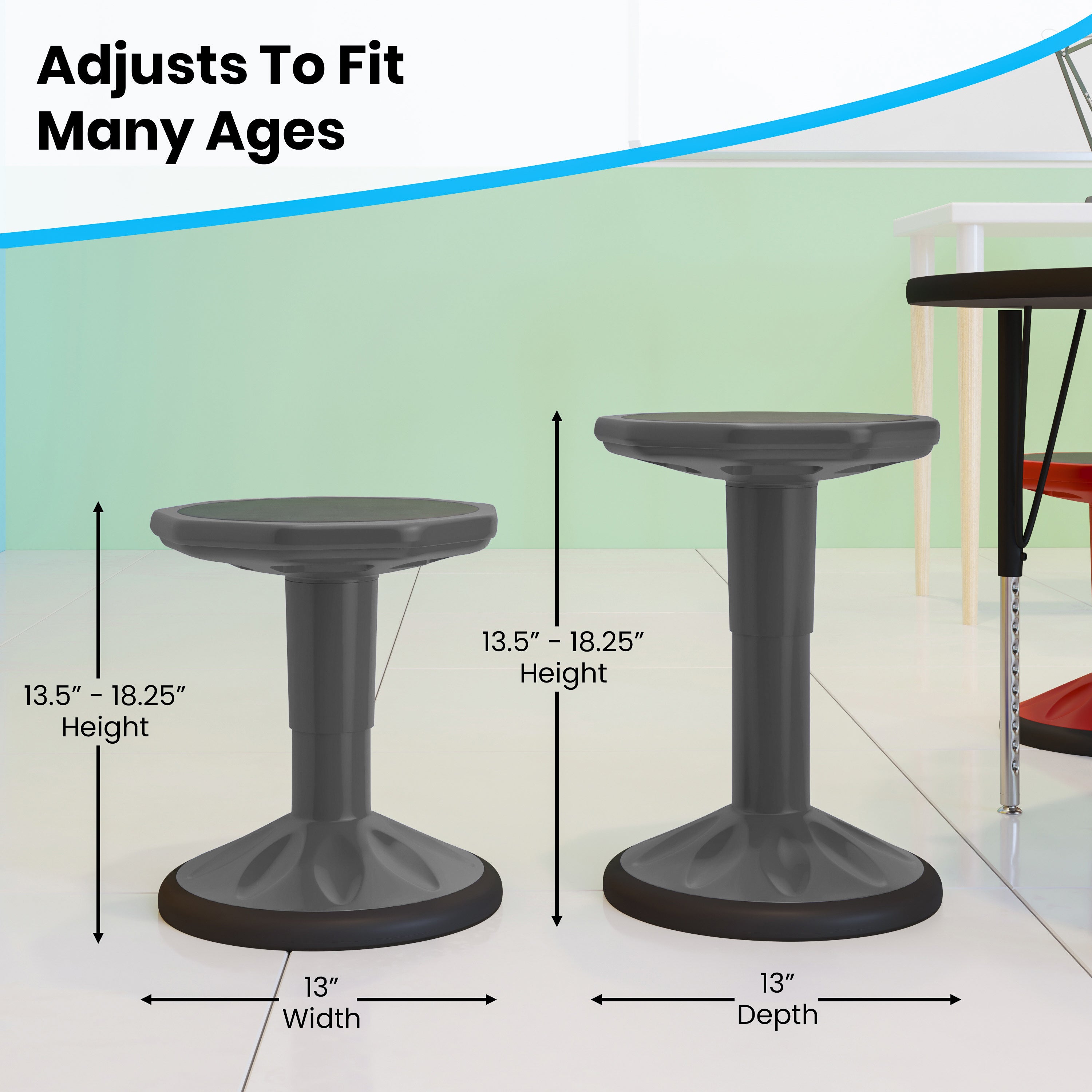 Carter Adjustable Height Kids Flexible Active Stool for Classroom and Home with Non-Skid Bottom in Gray, 14" - 18" Seat Height
