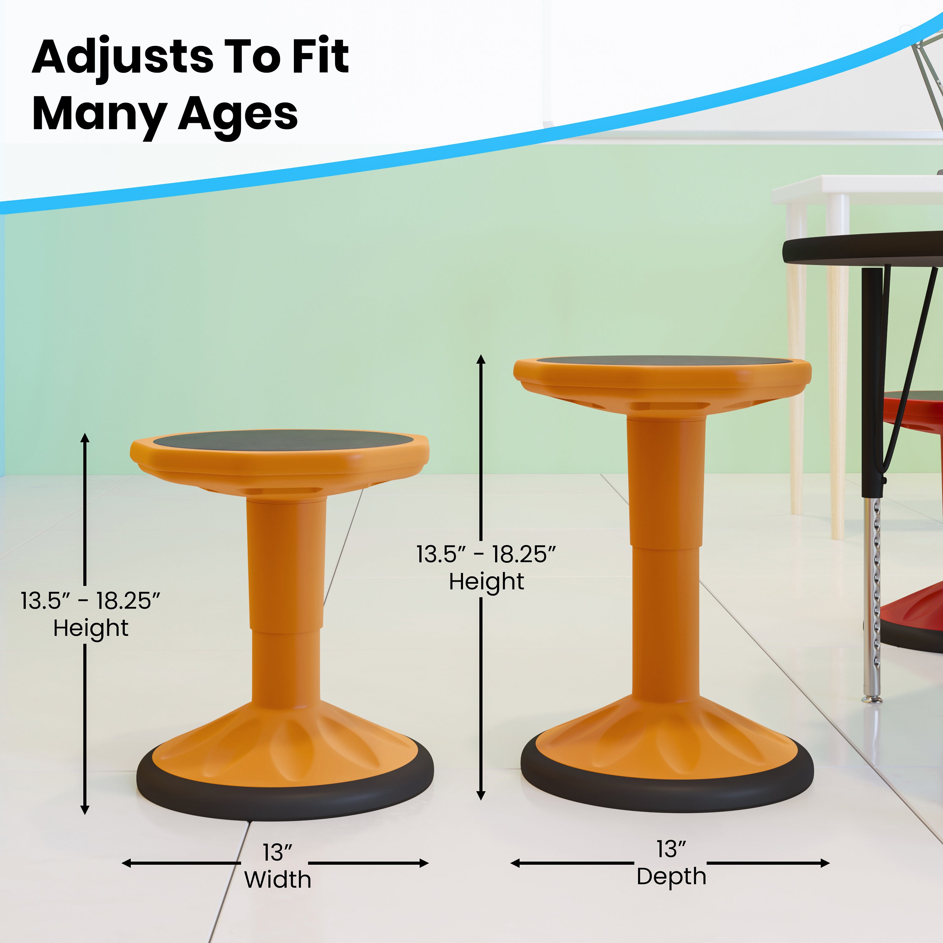 Carter Adjustable Height Kids Flexible Active Stool for Classroom and Home with Non-Skid Bottom in Orange, 14" - 18" Seat Height