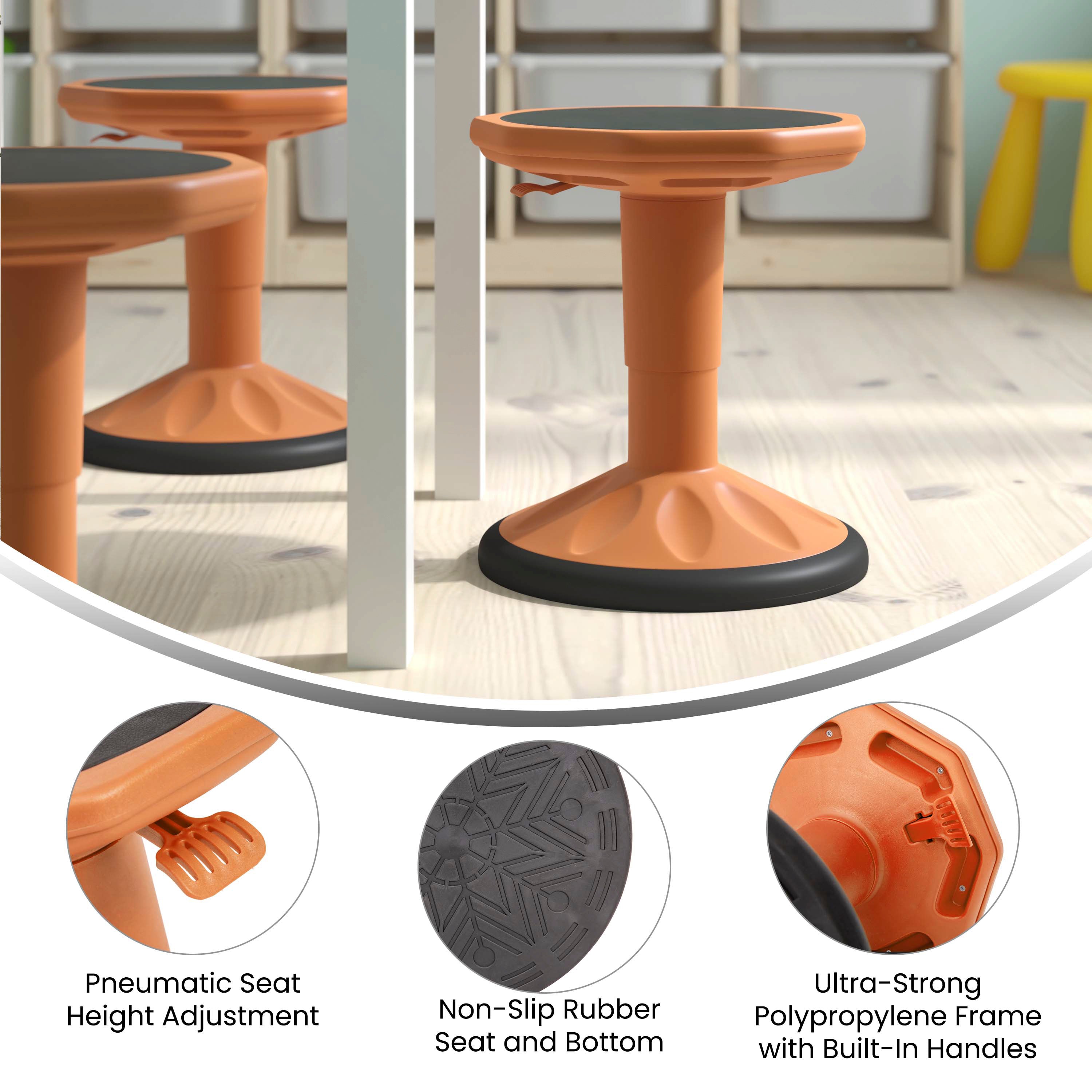 Carter Adjustable Height Kids Flexible Active Stool for Classroom and Home with Non-Skid Bottom in Orange, 14" - 18" Seat Height