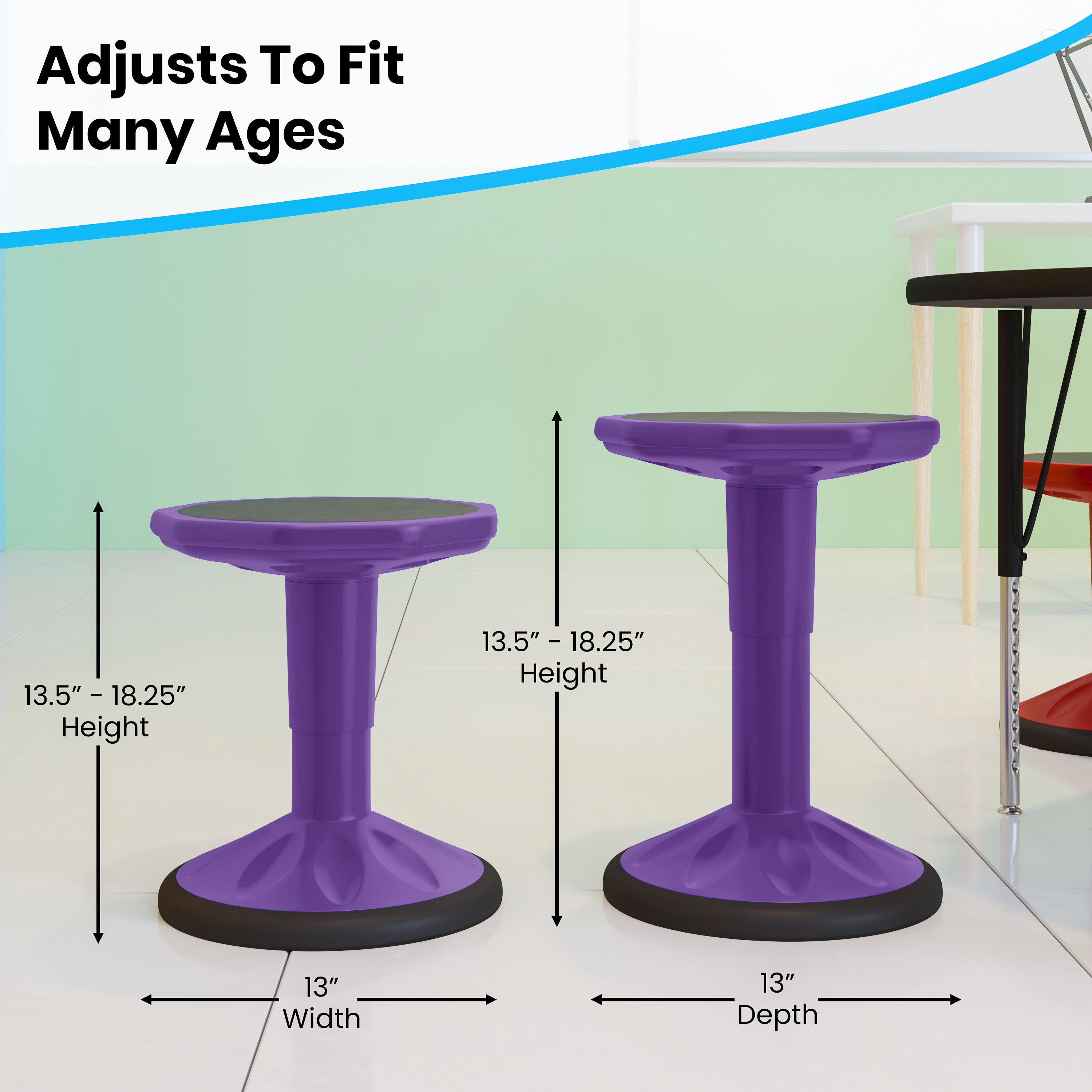 Carter Adjustable Height Kids Flexible Active Stool for Classroom and Home with Non-Skid Bottom in Purple, 14" - 18" Seat Height