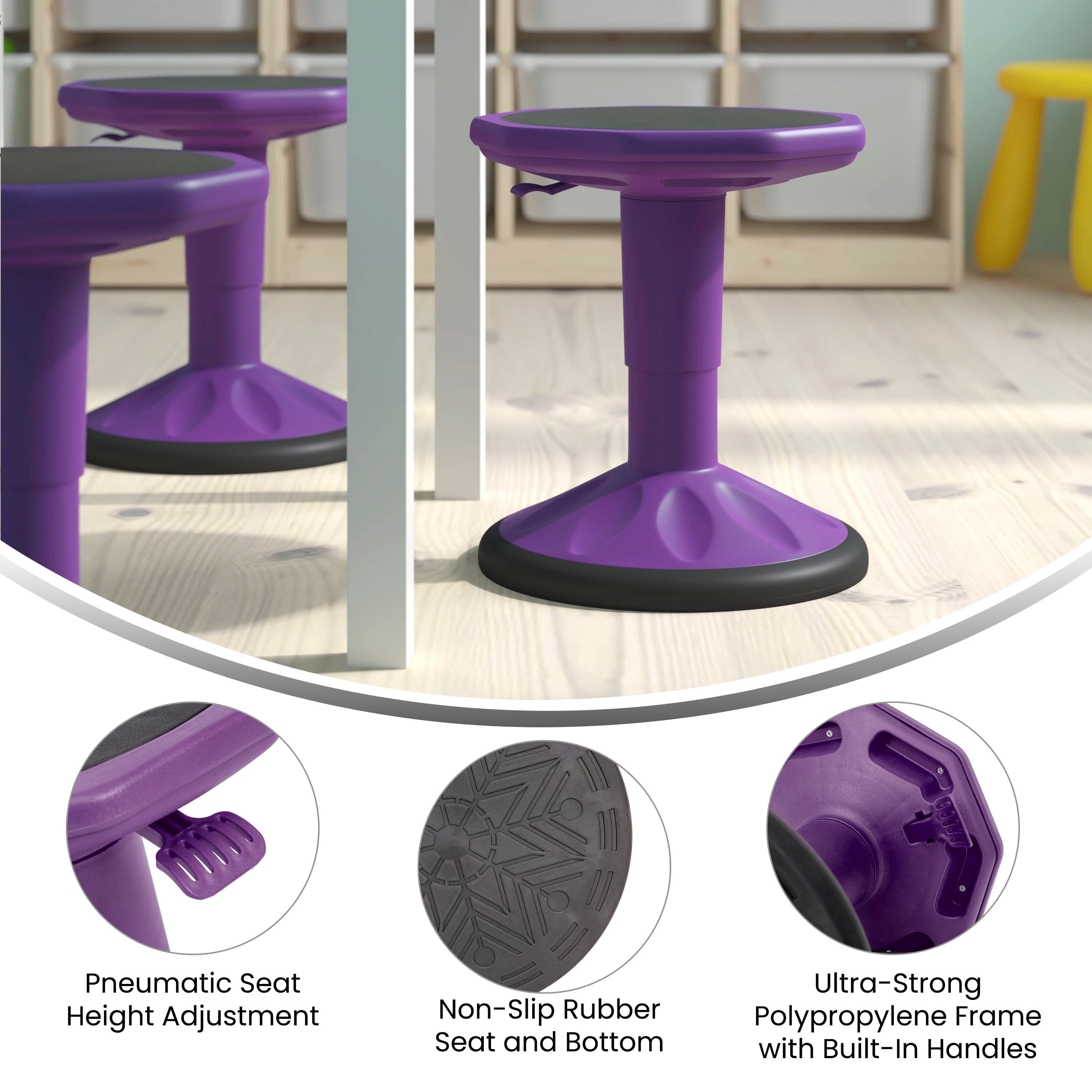 Carter Adjustable Height Kids Flexible Active Stool for Classroom and Home with Non-Skid Bottom in Purple, 14" - 18" Seat Height