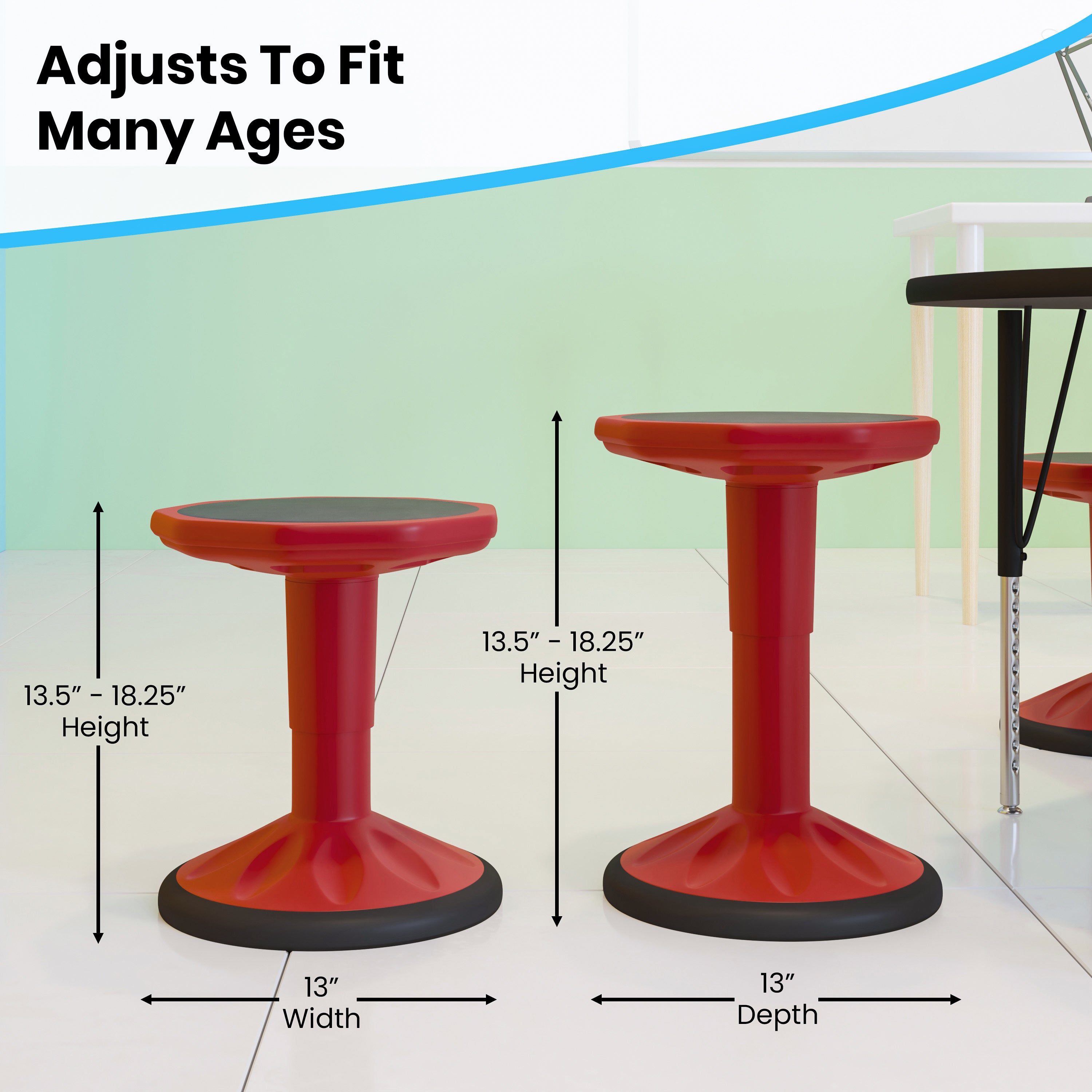 Carter Adjustable Height Kids Flexible Active Stool for Classroom and Home with Non-Skid Bottom in Red, 14" - 18" Seat Height