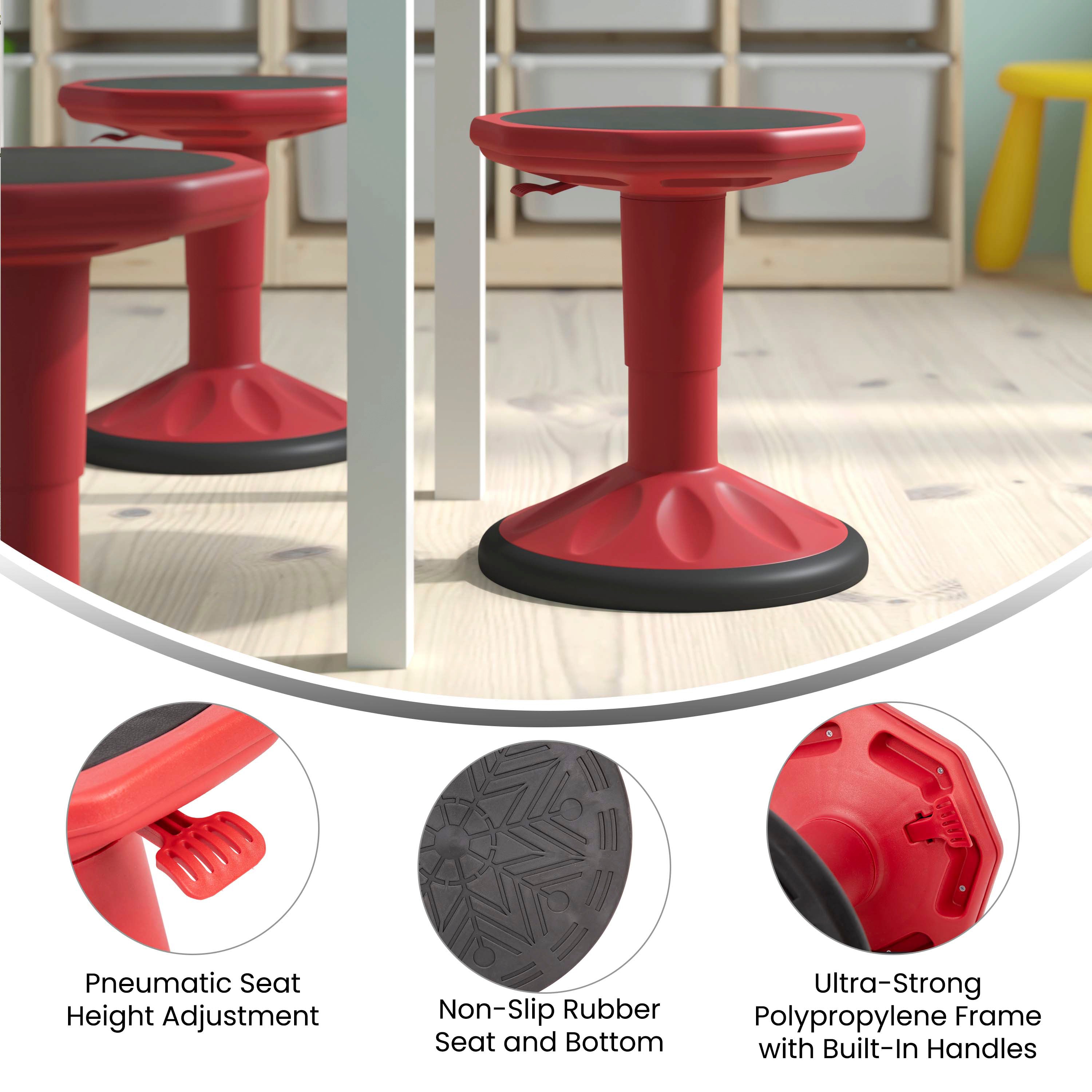 Carter Adjustable Height Kids Flexible Active Stool for Classroom and Home with Non-Skid Bottom in Red, 14" - 18" Seat Height