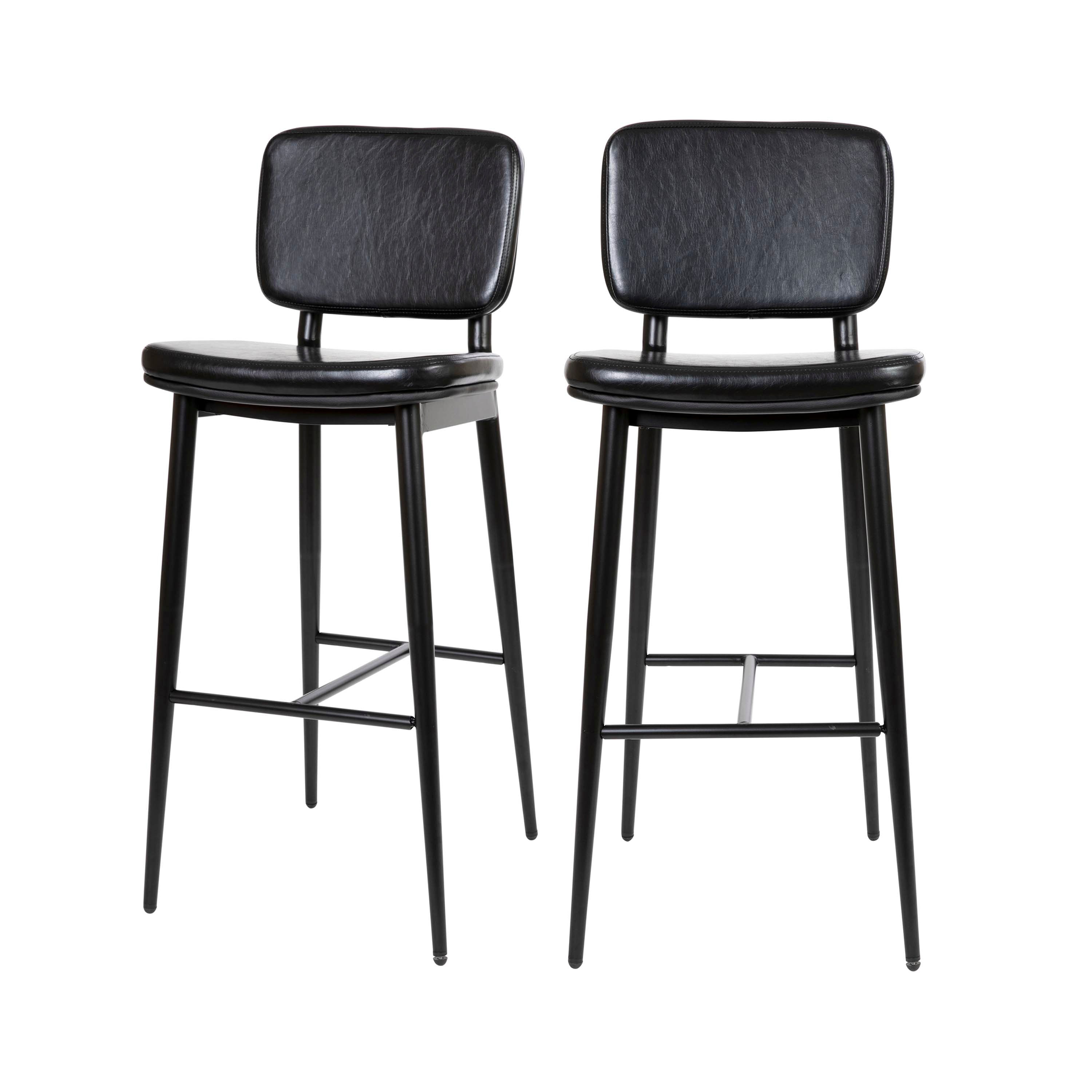 Kenzie Commercial Grade Mid-Back Barstools - Black LeatherSoft Upholstery - Black Iron Frame with Integrated Footrest - Set of 2