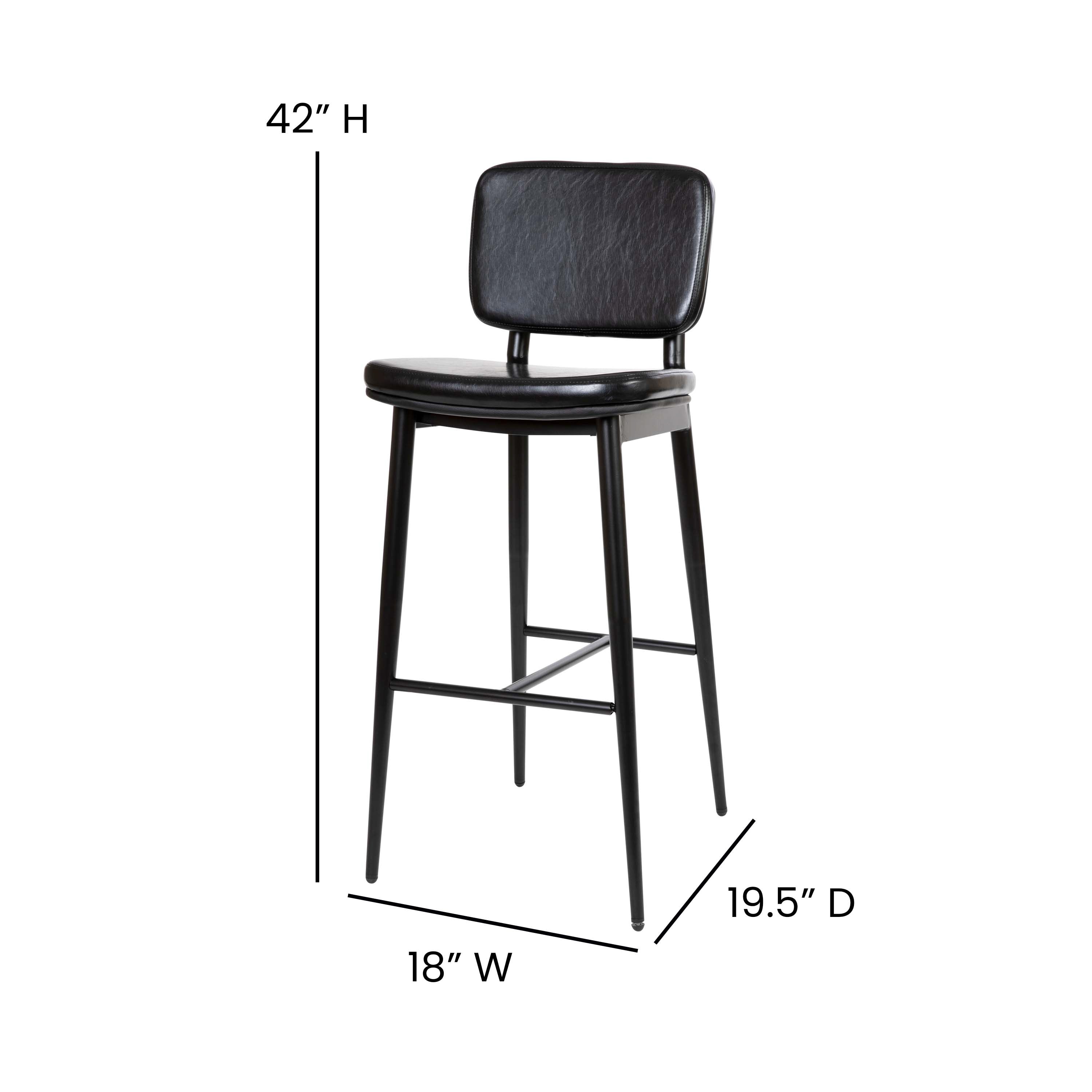 Kenzie Commercial Grade Mid-Back Barstools - Black LeatherSoft Upholstery - Black Iron Frame with Integrated Footrest - Set of 2