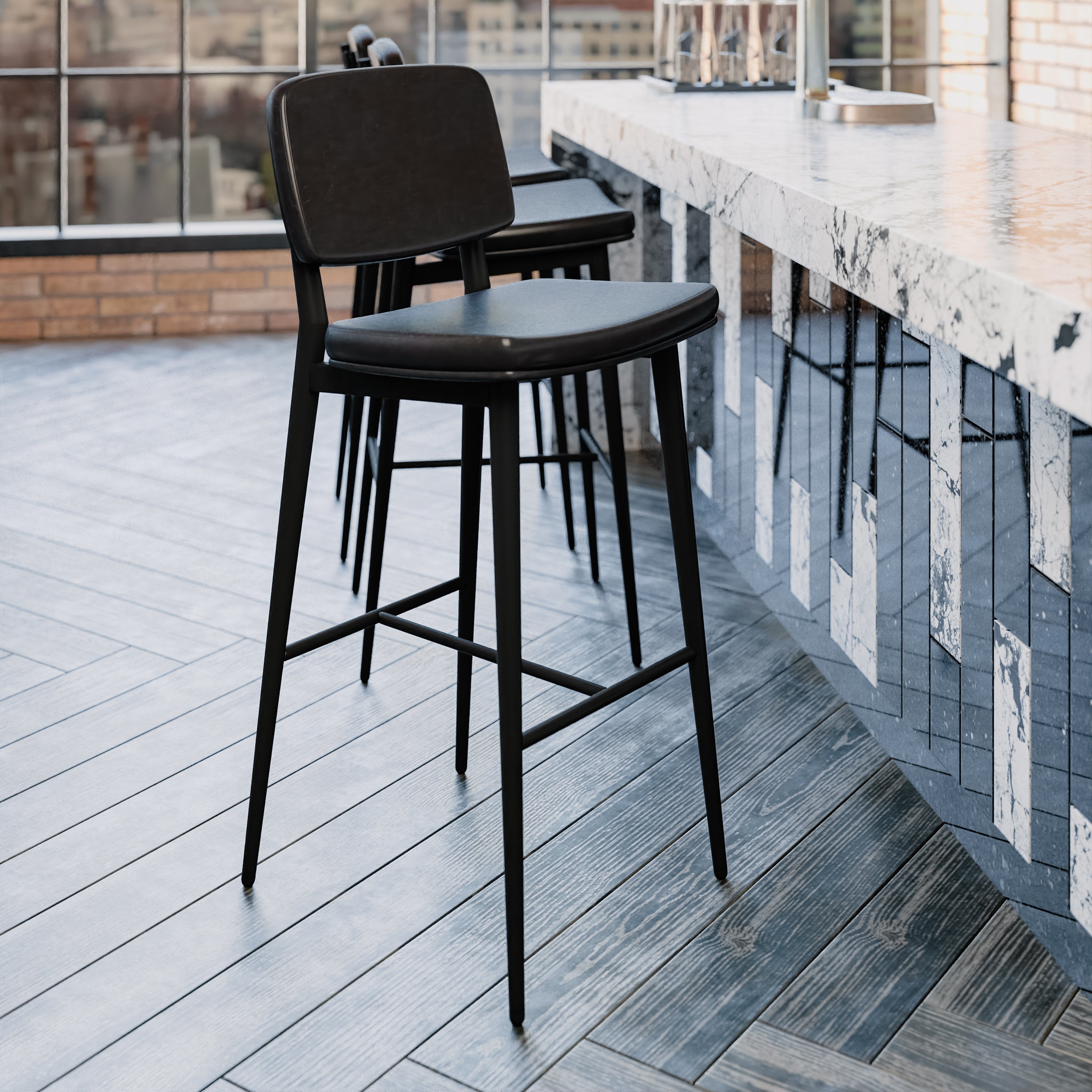 Kenzie Commercial Grade Mid-Back Barstools - Black LeatherSoft Upholstery - Black Iron Frame with Integrated Footrest - Set of 2