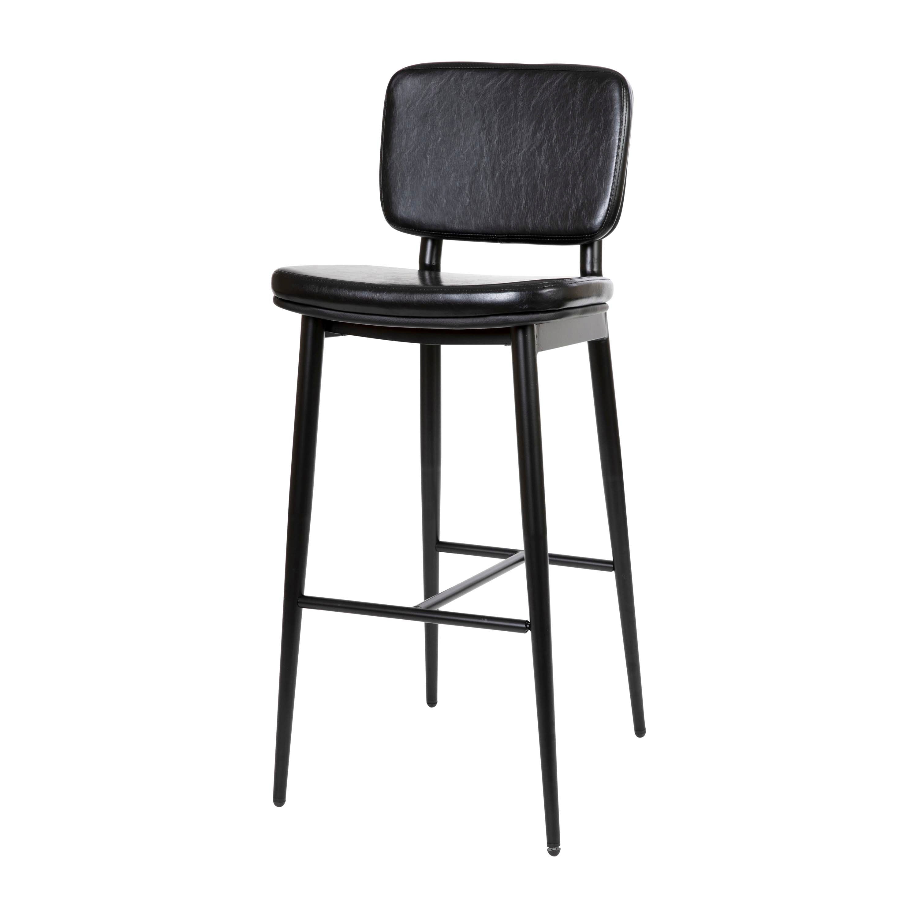 Kenzie Commercial Grade Mid-Back Barstools - Black LeatherSoft Upholstery - Black Iron Frame with Integrated Footrest - Set of 2