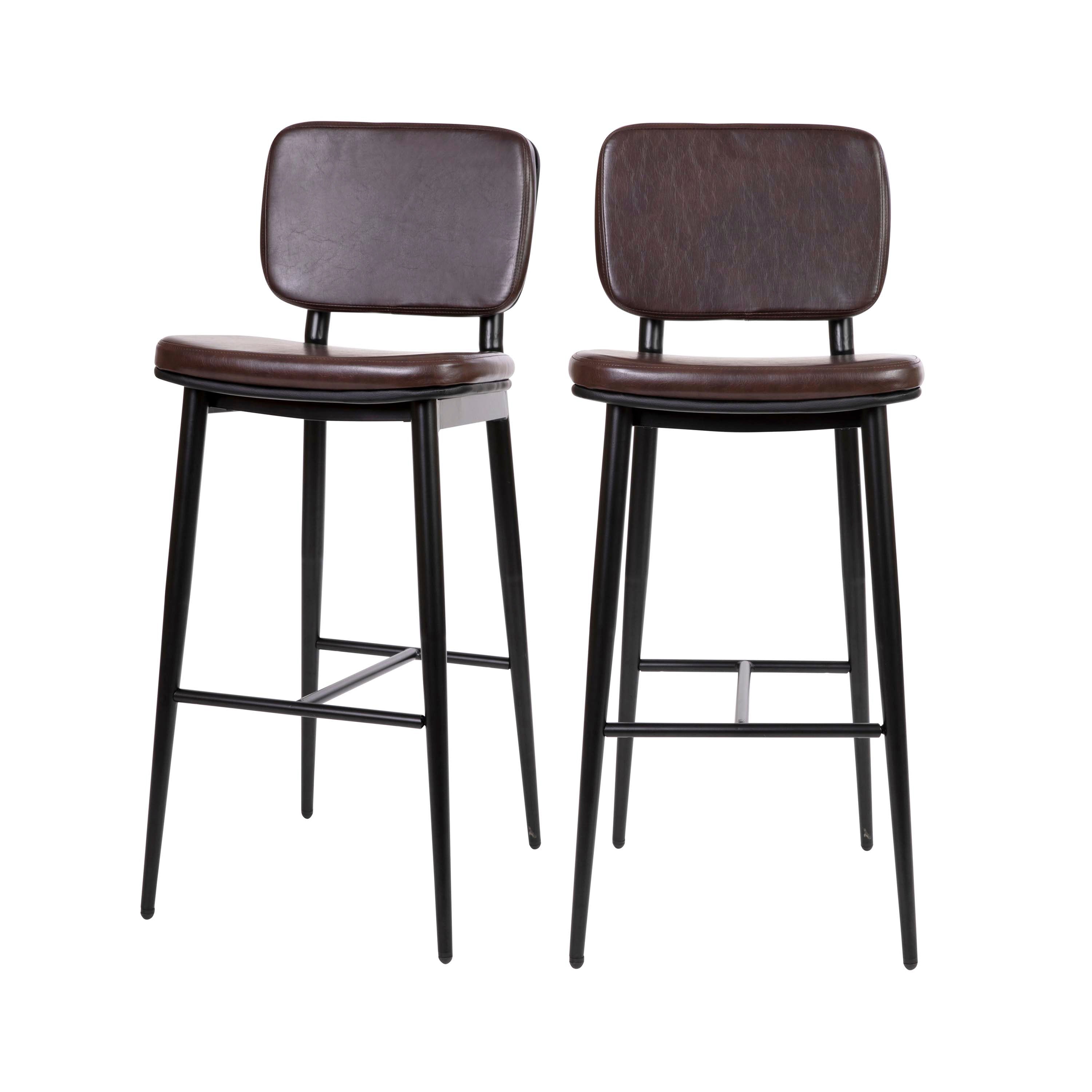 Kenzie Commercial Grade Mid-Back Barstools - Brown LeatherSoft Upholstery - Black Iron Frame with Integrated Footrest - Set of 2