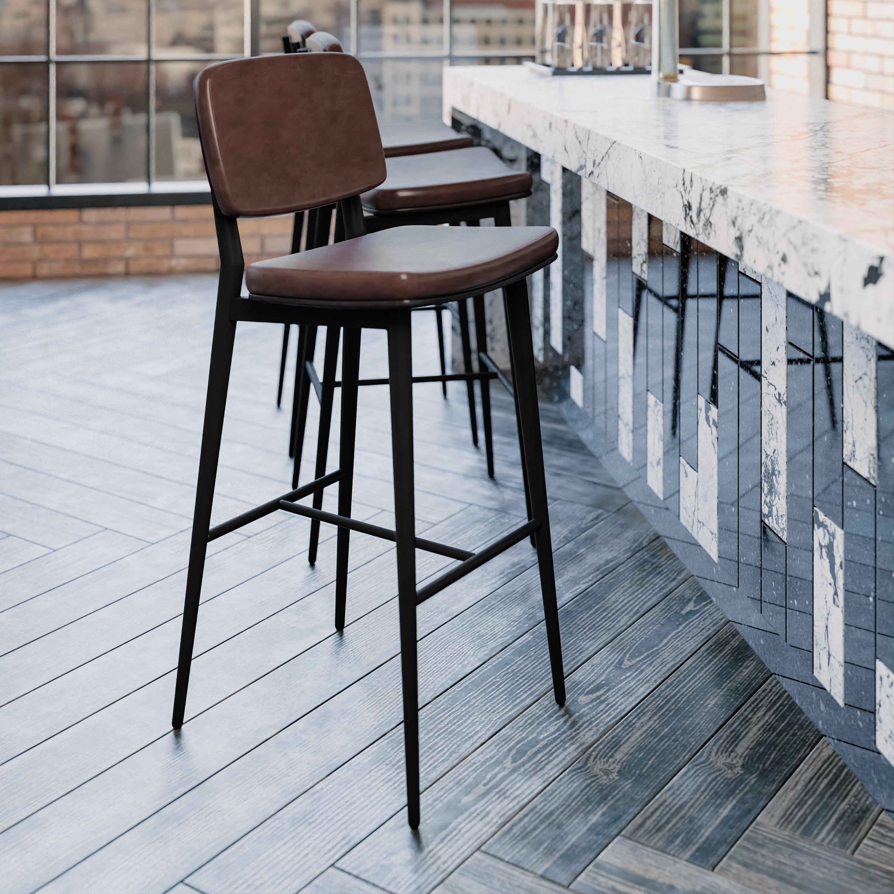 Kenzie Commercial Grade Mid-Back Barstools - Brown LeatherSoft Upholstery - Black Iron Frame with Integrated Footrest - Set of 2