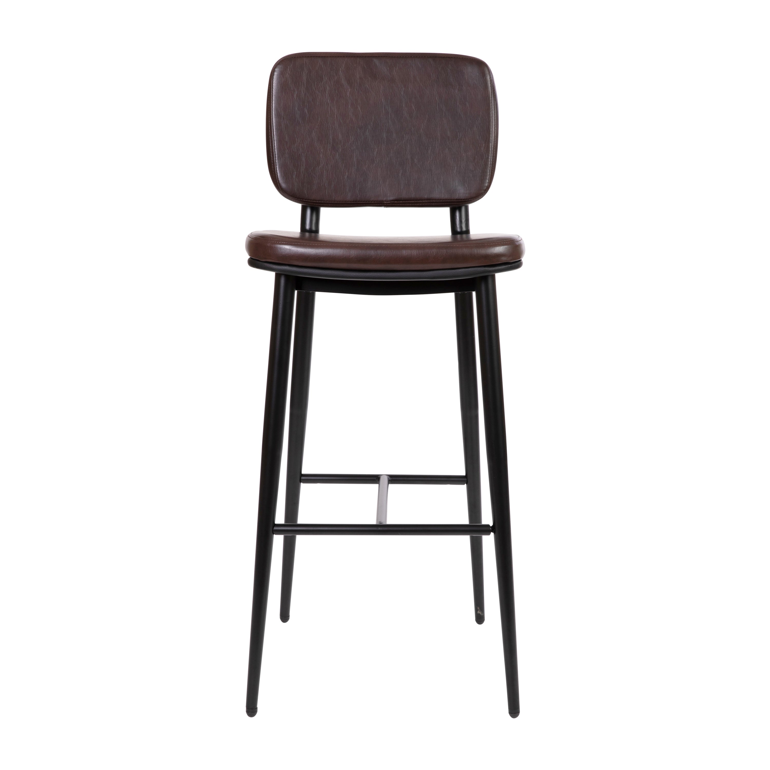 Kenzie Commercial Grade Mid-Back Barstools - Brown LeatherSoft Upholstery - Black Iron Frame with Integrated Footrest - Set of 2