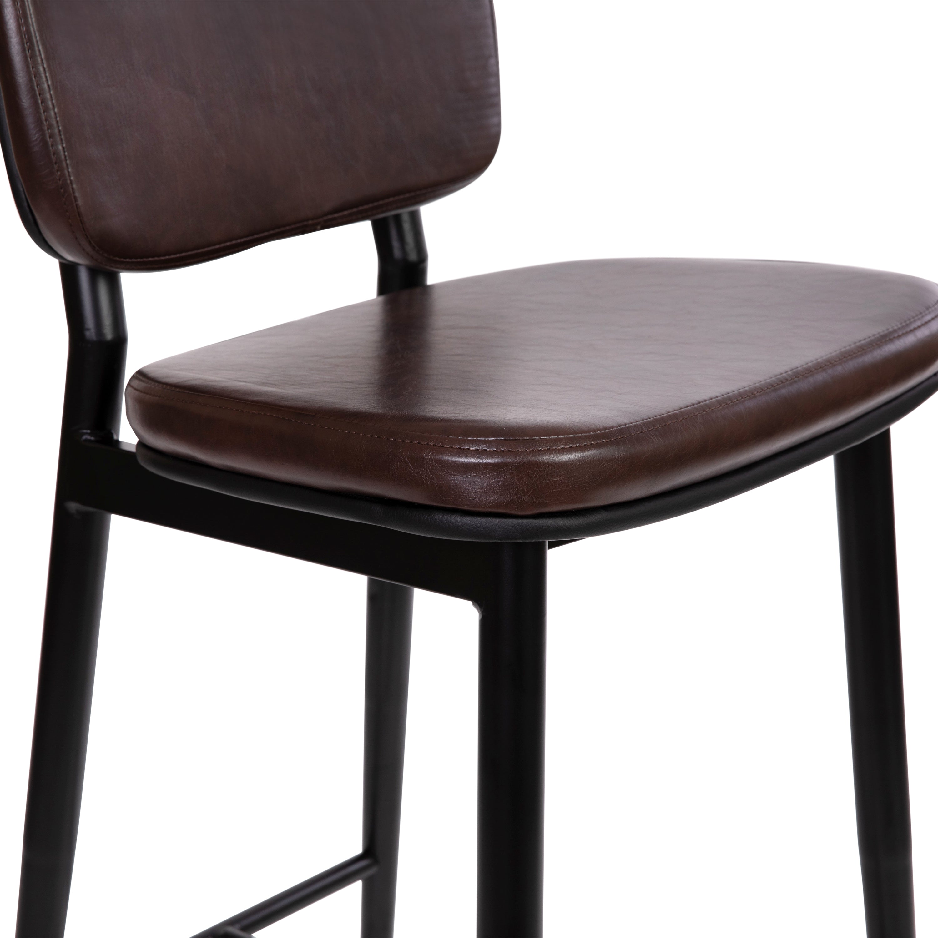 Kenzie Commercial Grade Mid-Back Barstools - Brown LeatherSoft Upholstery - Black Iron Frame with Integrated Footrest - Set of 2