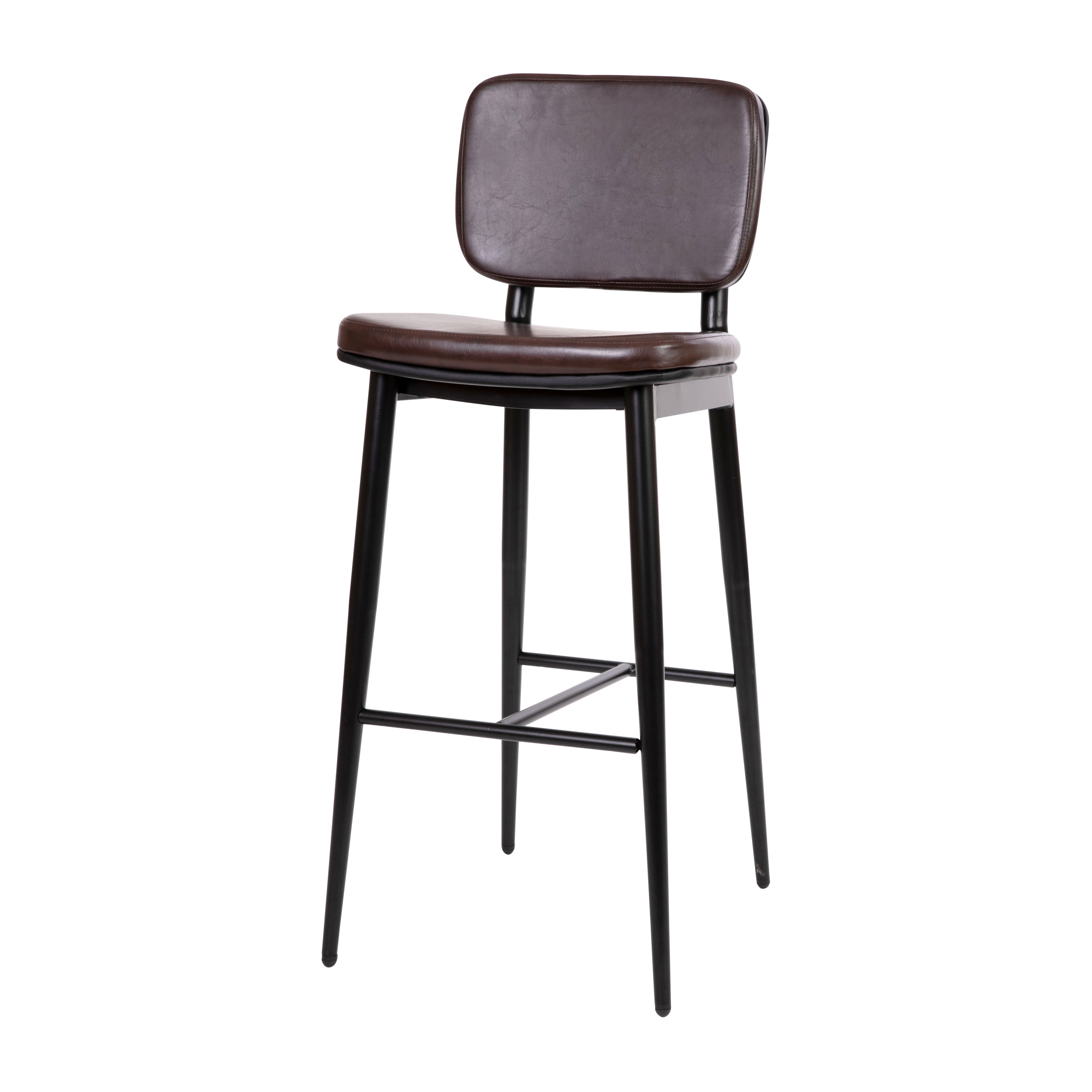 Kenzie Commercial Grade Mid-Back Barstools - Brown LeatherSoft Upholstery - Black Iron Frame with Integrated Footrest - Set of 2