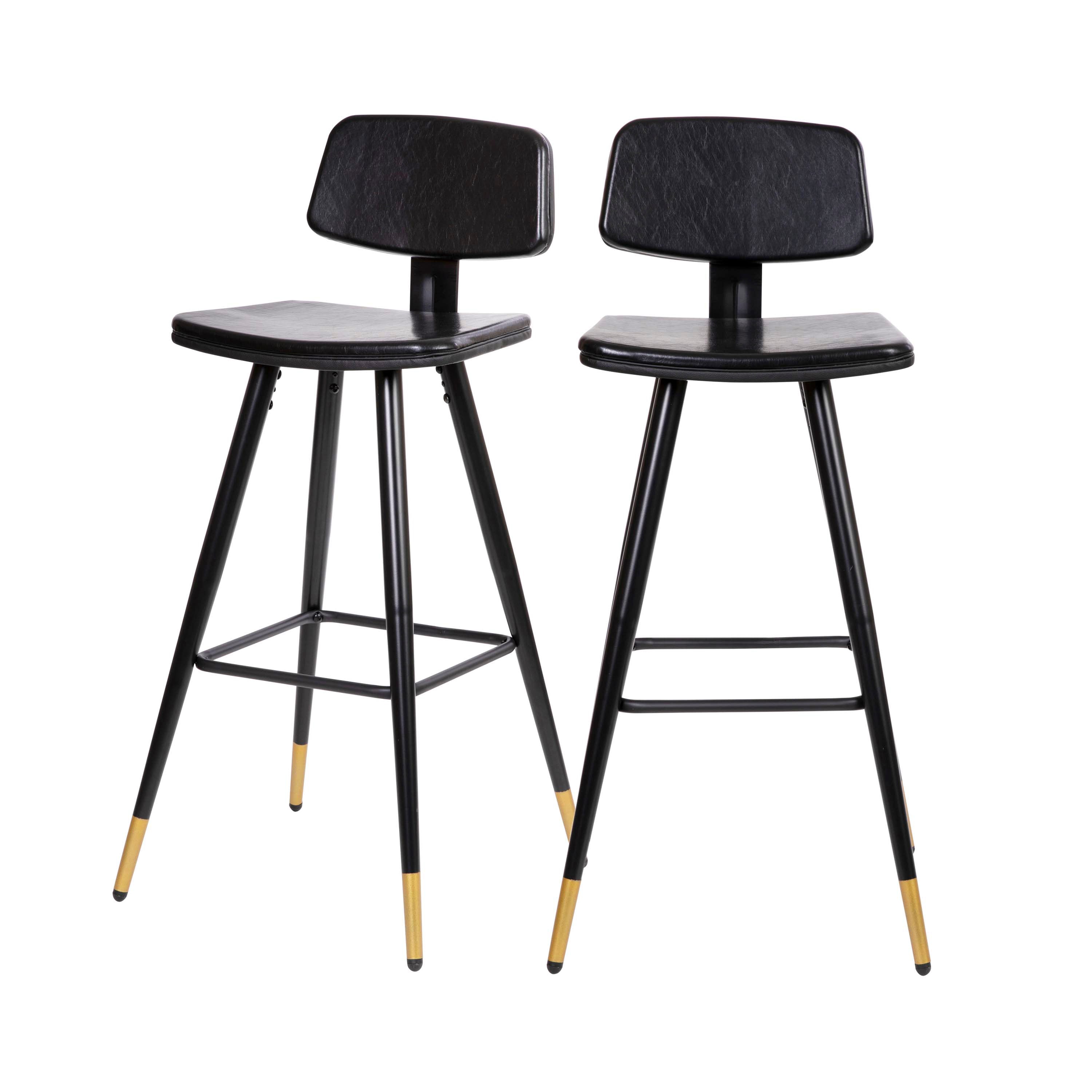 Kora Commercial Grade Low Back Barstools-Black LeatherSoft Upholstery-Black Iron Frame-Integrated Footrest-Gold Tipped Legs-Set of 2