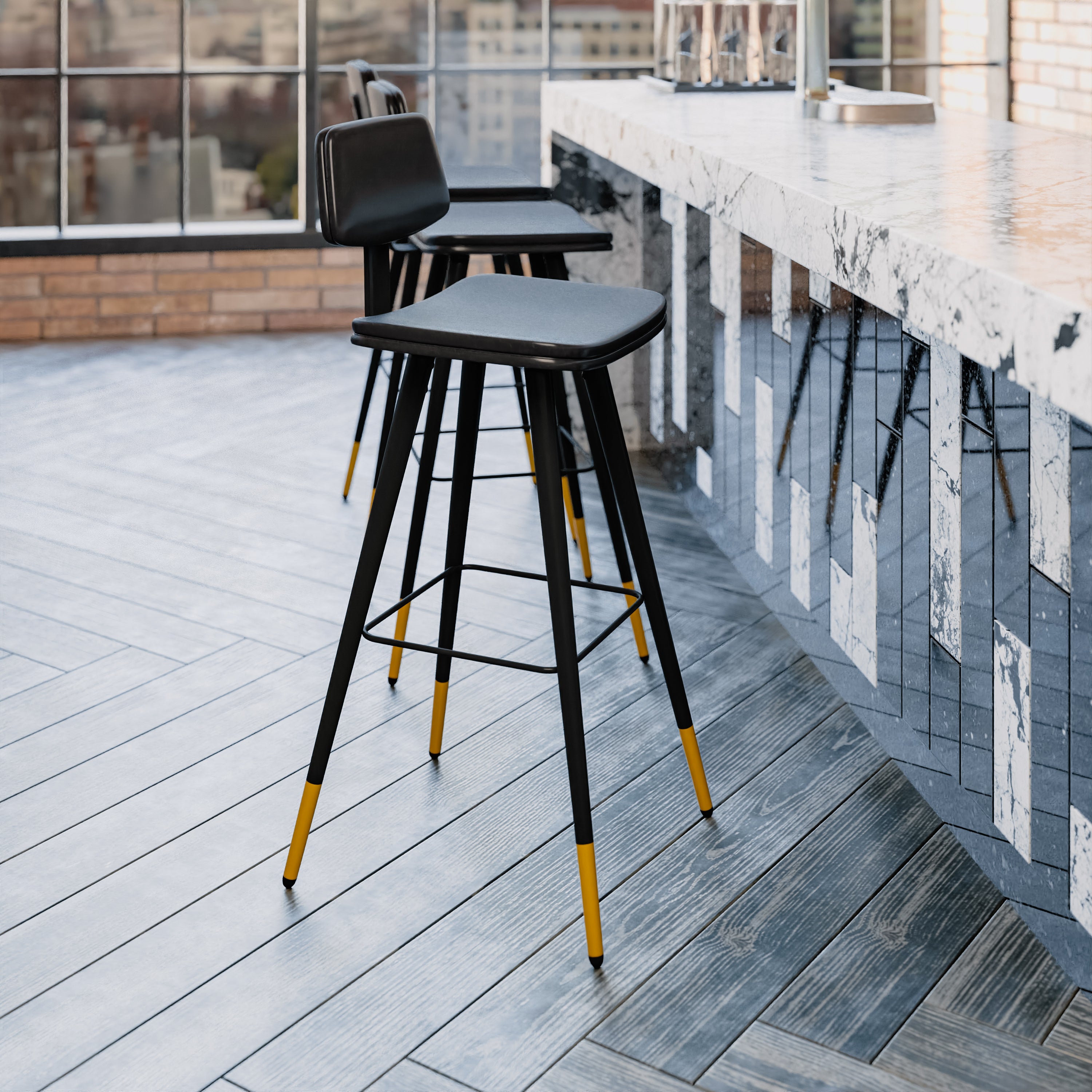 Kora Commercial Grade Low Back Barstools-Black LeatherSoft Upholstery-Black Iron Frame-Integrated Footrest-Gold Tipped Legs-Set of 2