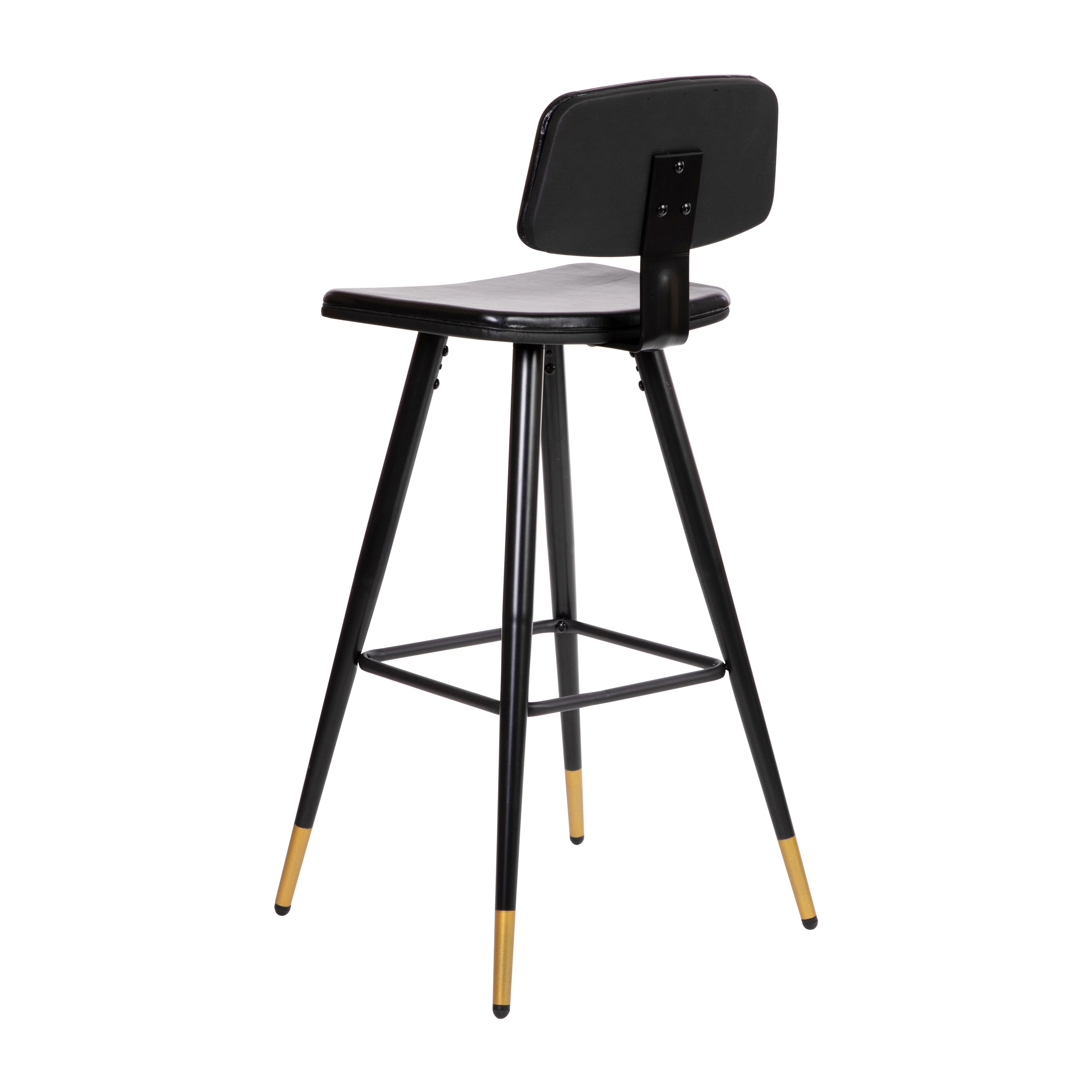 Kora Commercial Grade Low Back Barstools-Black LeatherSoft Upholstery-Black Iron Frame-Integrated Footrest-Gold Tipped Legs-Set of 2