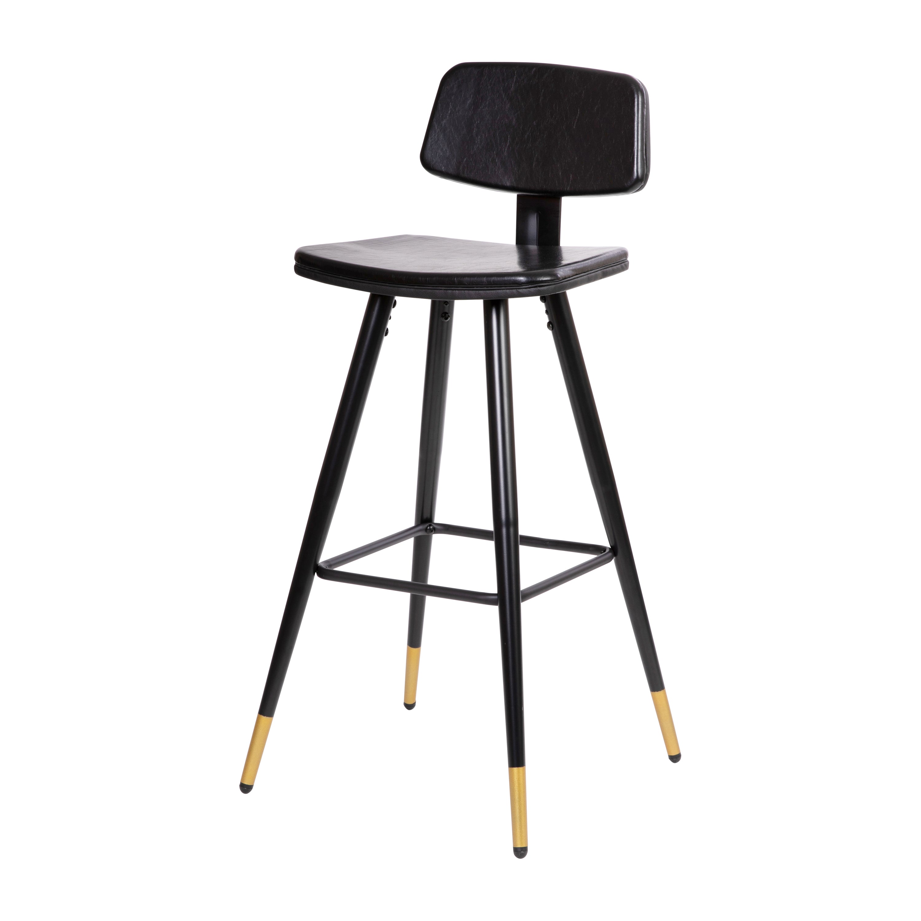 Kora Commercial Grade Low Back Barstools-Black LeatherSoft Upholstery-Black Iron Frame-Integrated Footrest-Gold Tipped Legs-Set of 2