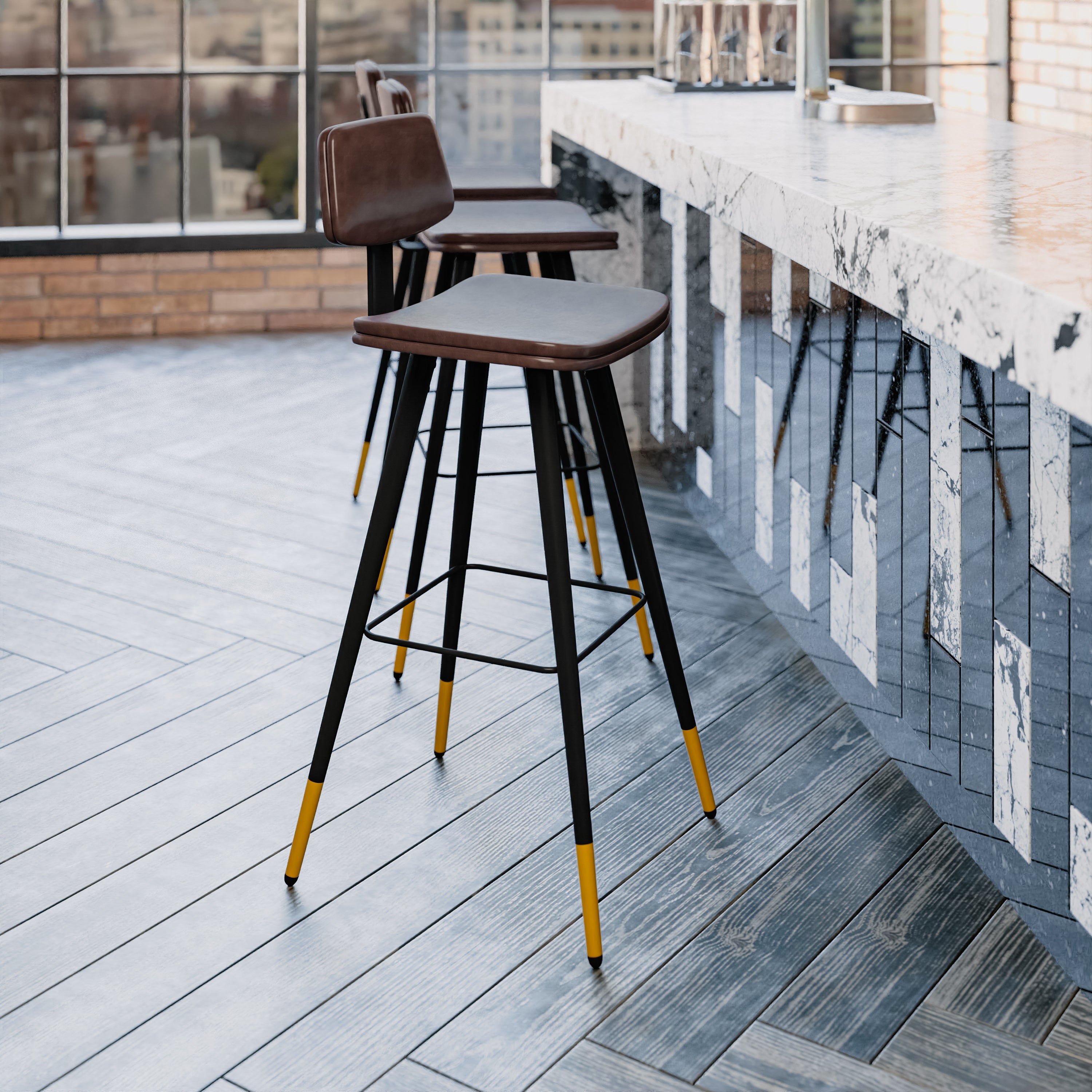 Kora Commercial Grade Low Back Barstools-Brown LeatherSoft Upholstery-Black Iron Frame-Integrated Footrest-Gold Tipped Legs-Set of 2