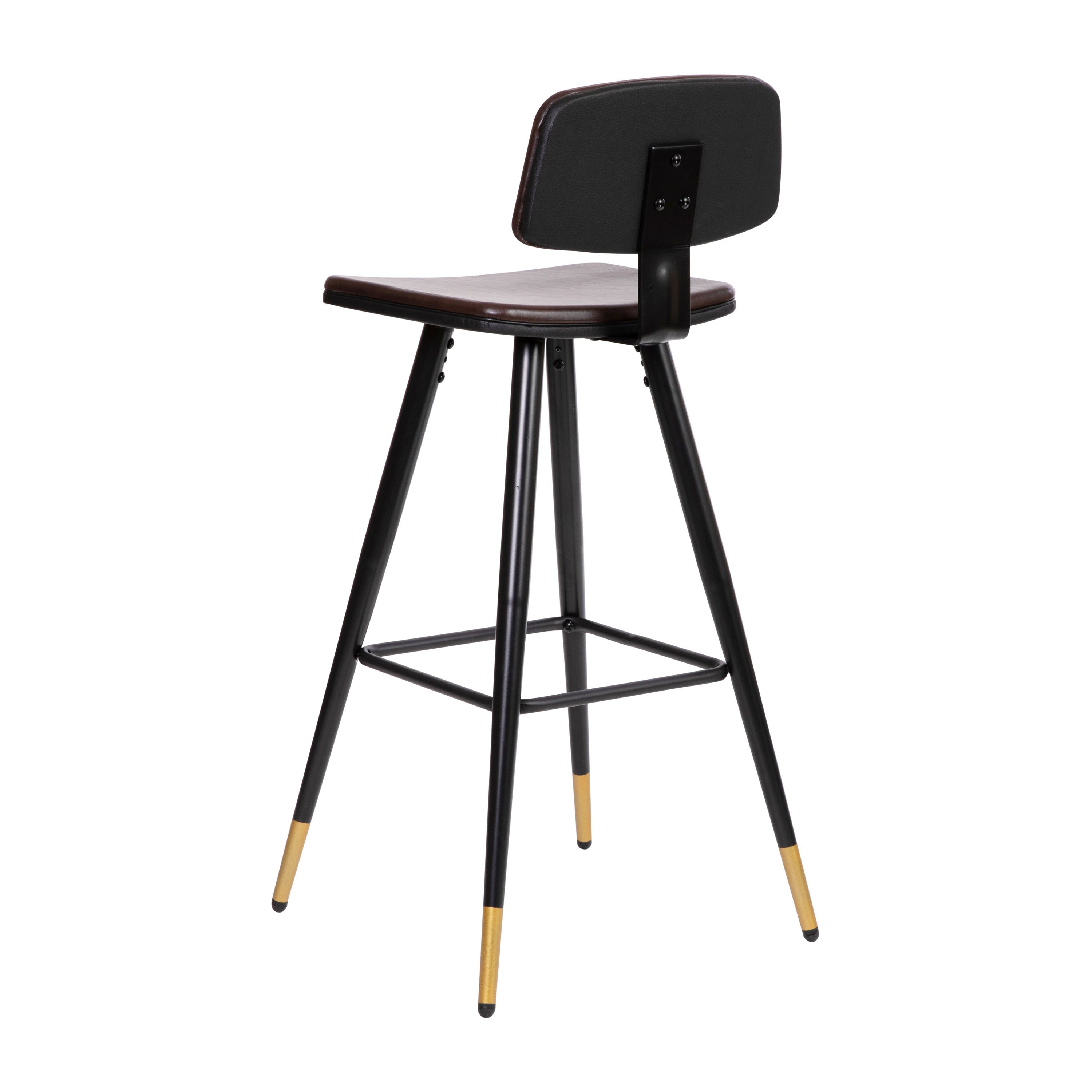 Kora Commercial Grade Low Back Barstools-Brown LeatherSoft Upholstery-Black Iron Frame-Integrated Footrest-Gold Tipped Legs-Set of 2