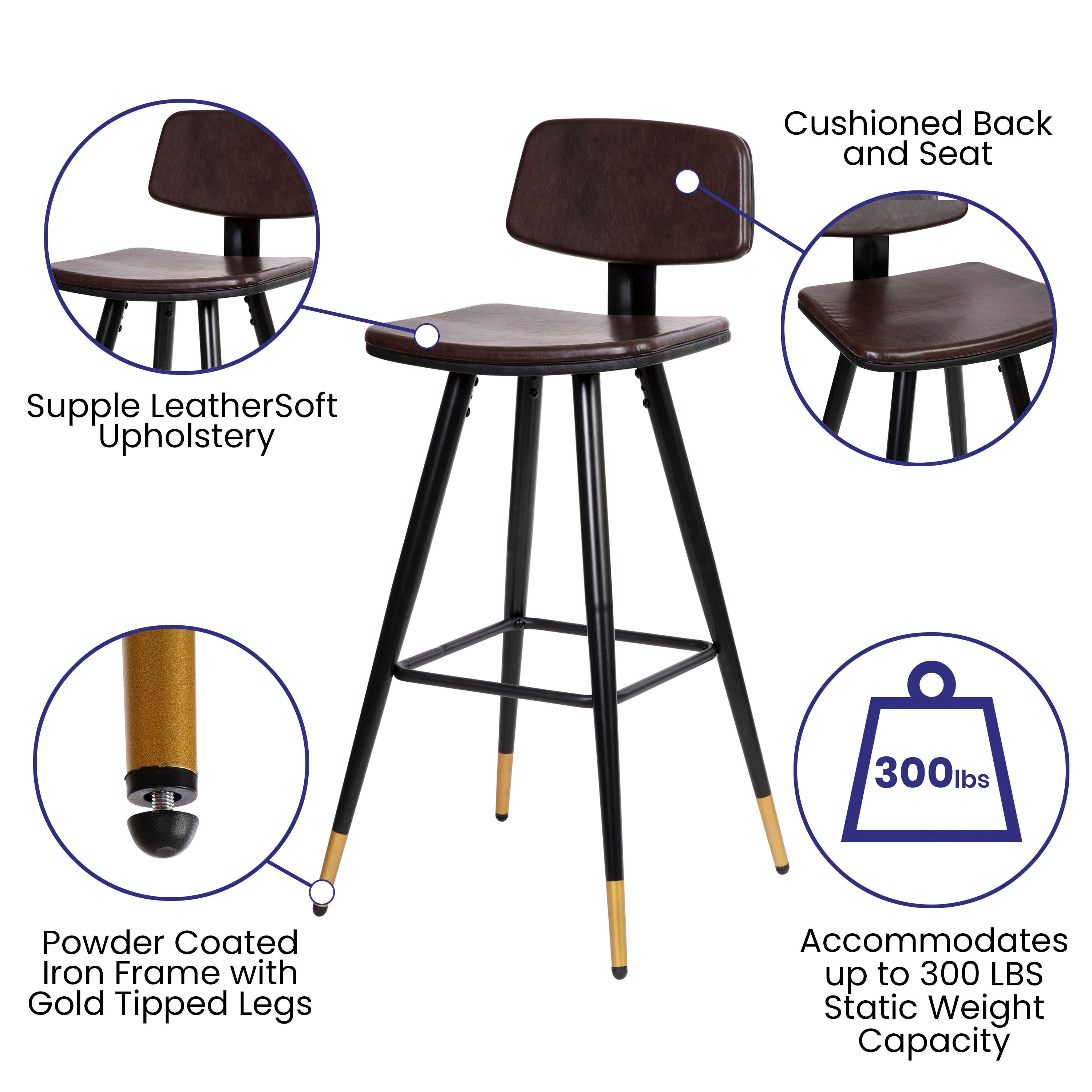 Kora Commercial Grade Low Back Barstools-Brown LeatherSoft Upholstery-Black Iron Frame-Integrated Footrest-Gold Tipped Legs-Set of 2