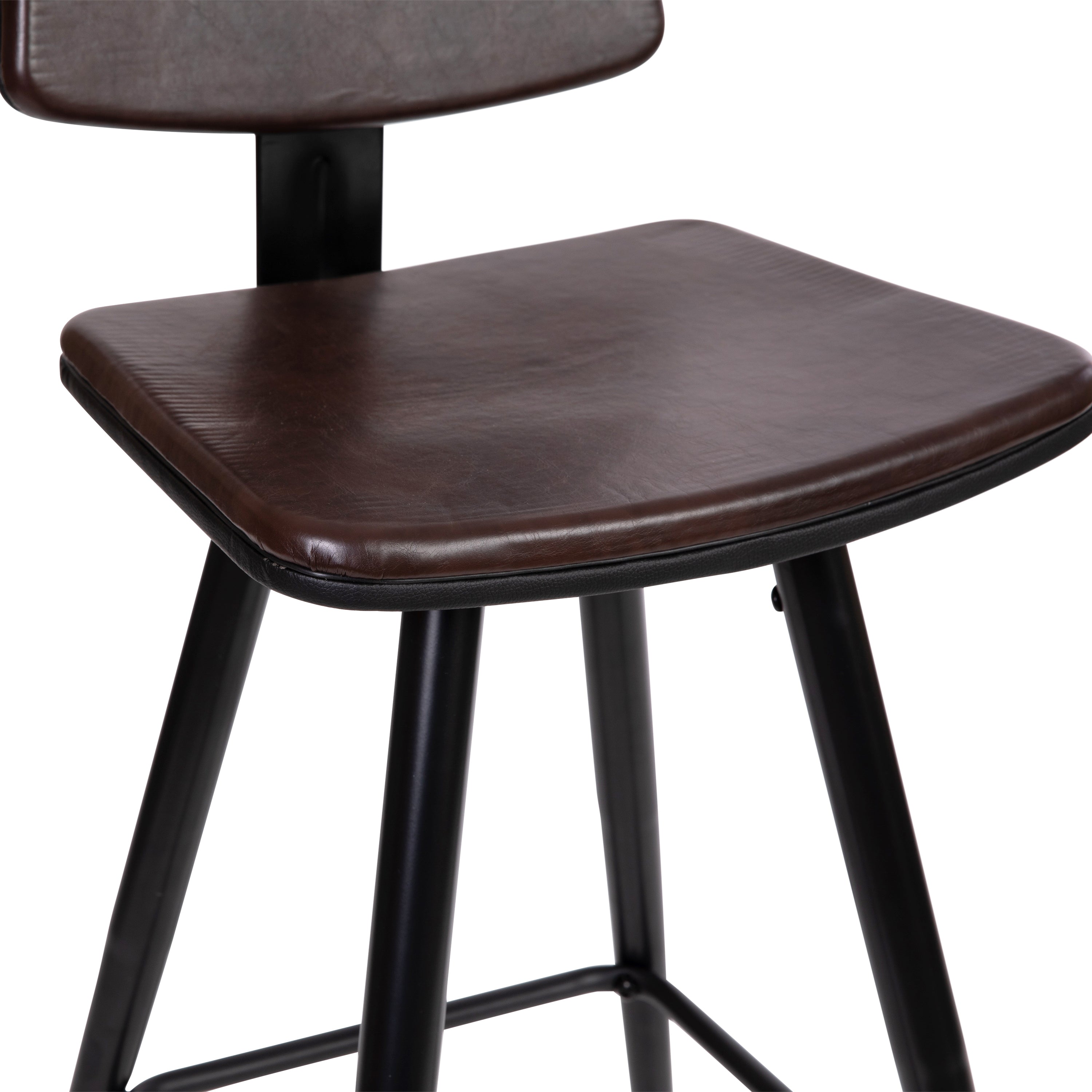 Kora Commercial Grade Low Back Barstools-Brown LeatherSoft Upholstery-Black Iron Frame-Integrated Footrest-Gold Tipped Legs-Set of 2