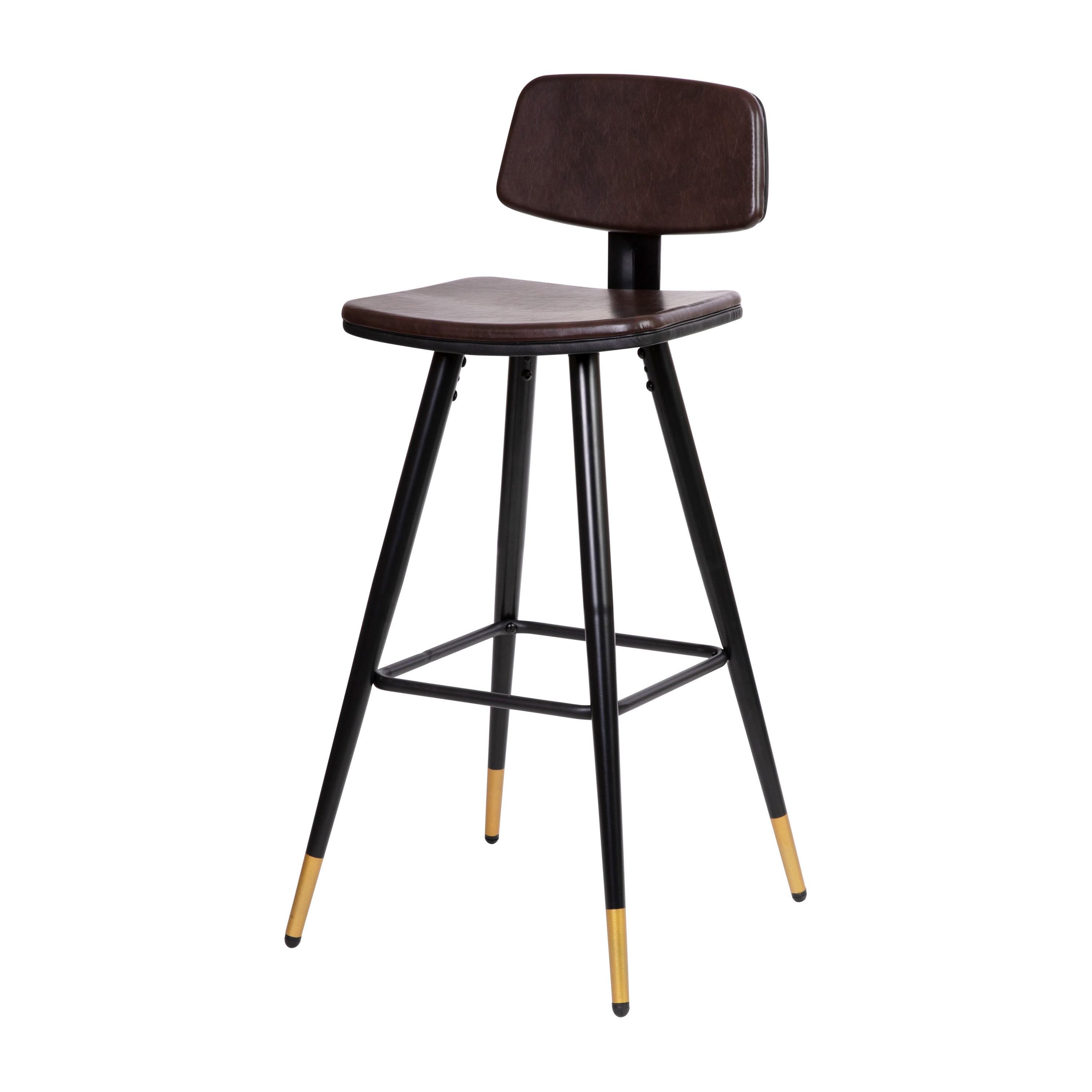 Kora Commercial Grade Low Back Barstools-Brown LeatherSoft Upholstery-Black Iron Frame-Integrated Footrest-Gold Tipped Legs-Set of 2