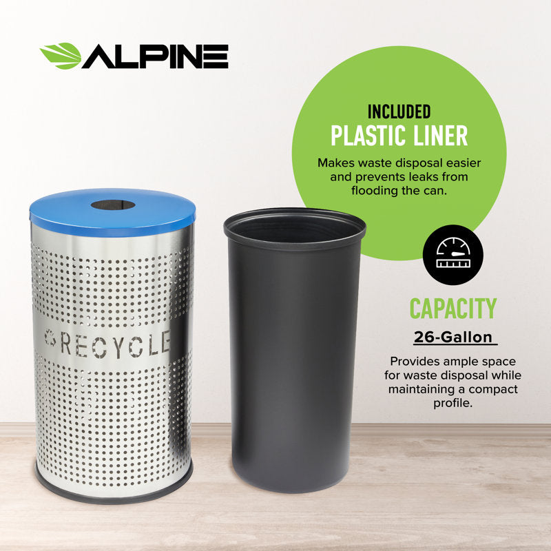 Alpine Industries 26 Gallon Stainless Steel Round Perforated Recycling Bin with Can / Bottle Lid