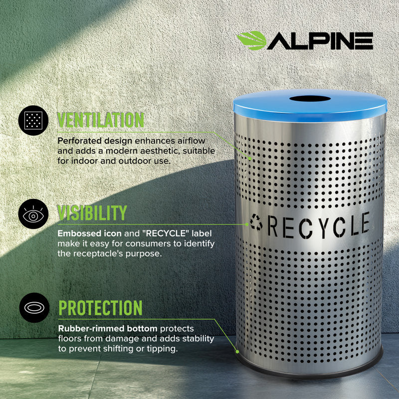 Alpine Industries 26 Gallon Stainless Steel Round Perforated Recycling Bin with Can / Bottle Lid