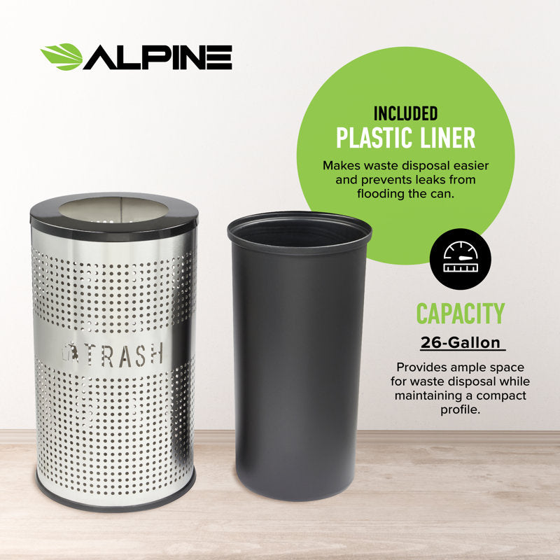 Alpine Industries 26 Gallon Stainless Steel Round Perforated Trash Can with Open Top Lid