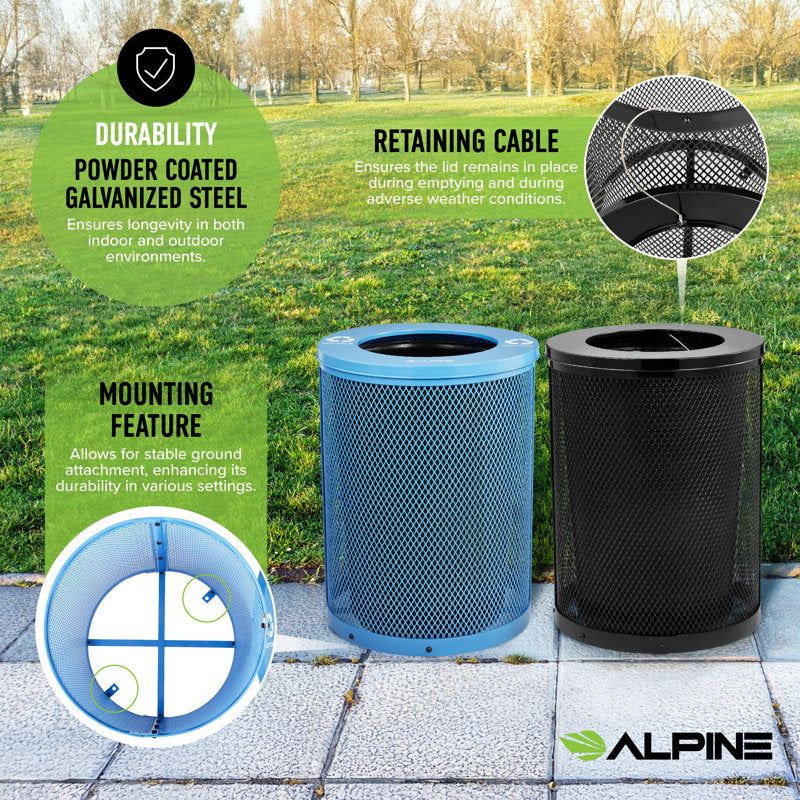 Alpine Industries Outdoor Diamond Steel Blue and Black Trash Can With Flat Lid, 72 Gallon