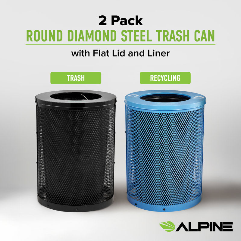 Alpine Industries Outdoor Diamond Steel Blue and Black Trash Can With Flat Lid, 72 Gallon