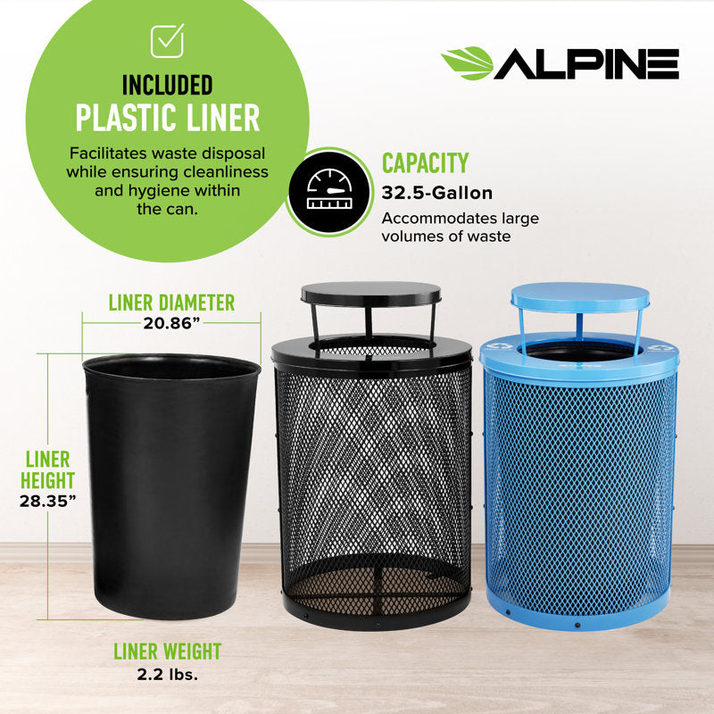 Alpine Industries Outdoor Diamond Steel Blue and Black Trash Can With Rain Bonnet Lid, 72 Gallon