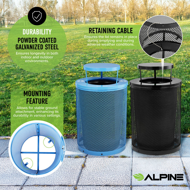Alpine Industries Outdoor Diamond Steel Blue and Black Trash Can With Rain Bonnet Lid, 72 Gallon