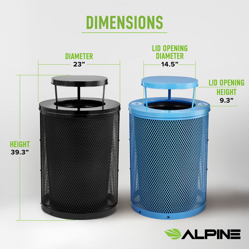 Alpine Industries Outdoor Diamond Steel Blue and Black Trash Can With Rain Bonnet Lid, 72 Gallon