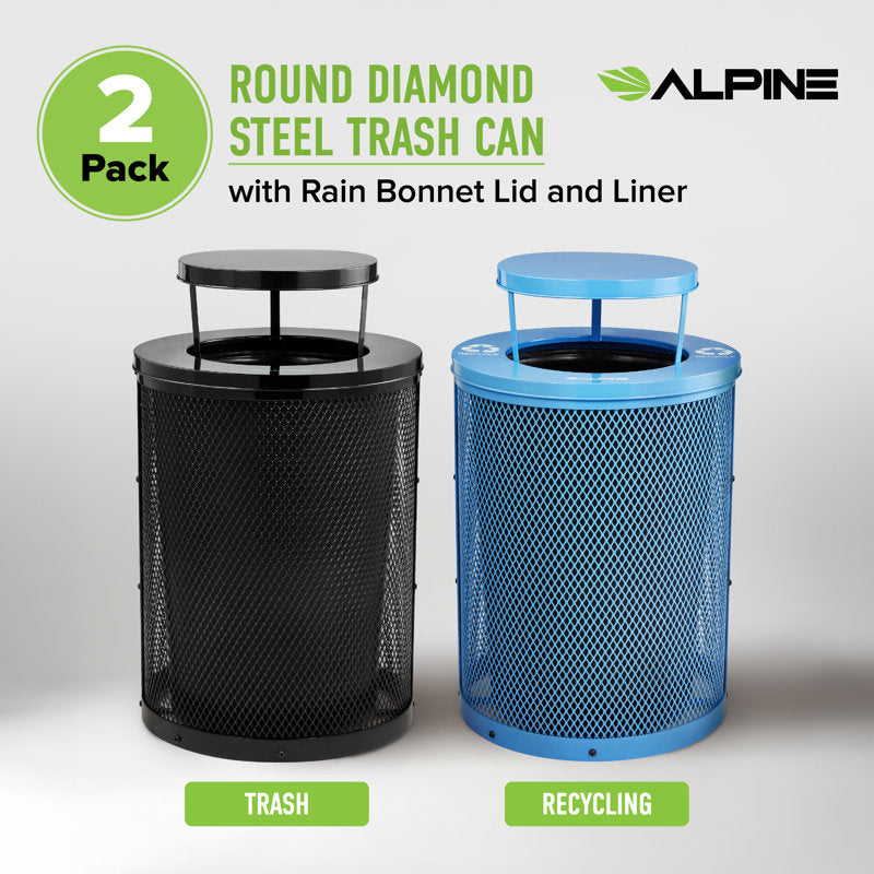 Alpine Industries Outdoor Diamond Steel Blue and Black Trash Can With Rain Bonnet Lid, 72 Gallon