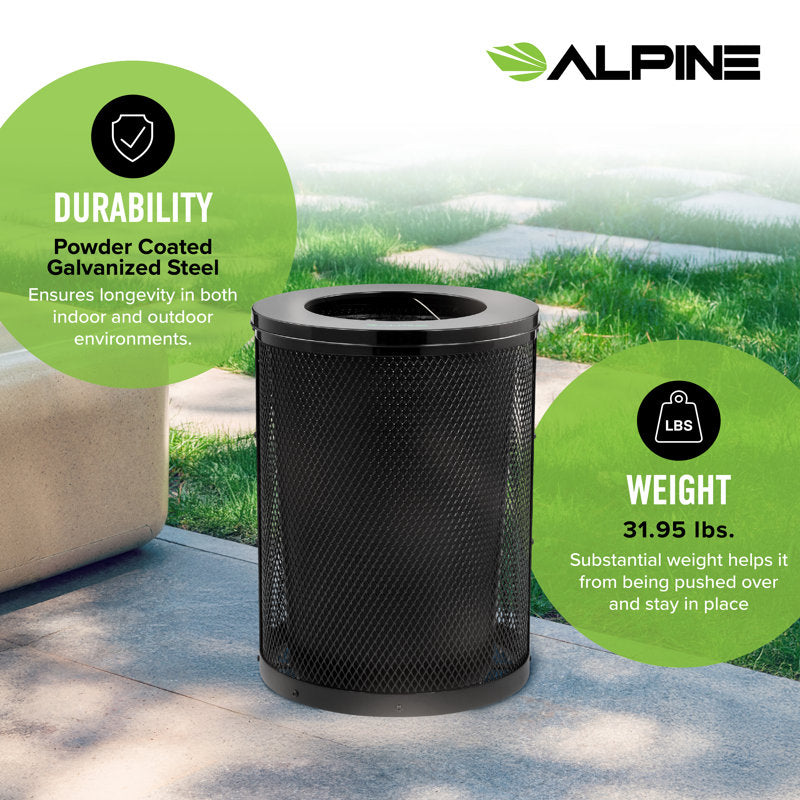 Alpine Industries Outdoor Diamond Steel Trash Can With Flat Lid, 36 Gallon, Black