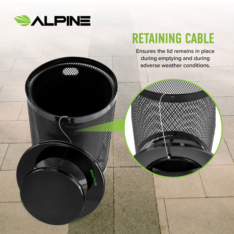 Alpine Industries Outdoor Diamond Steel Trash Can With Rain Bonnet Lid, 36 Gallon, Black