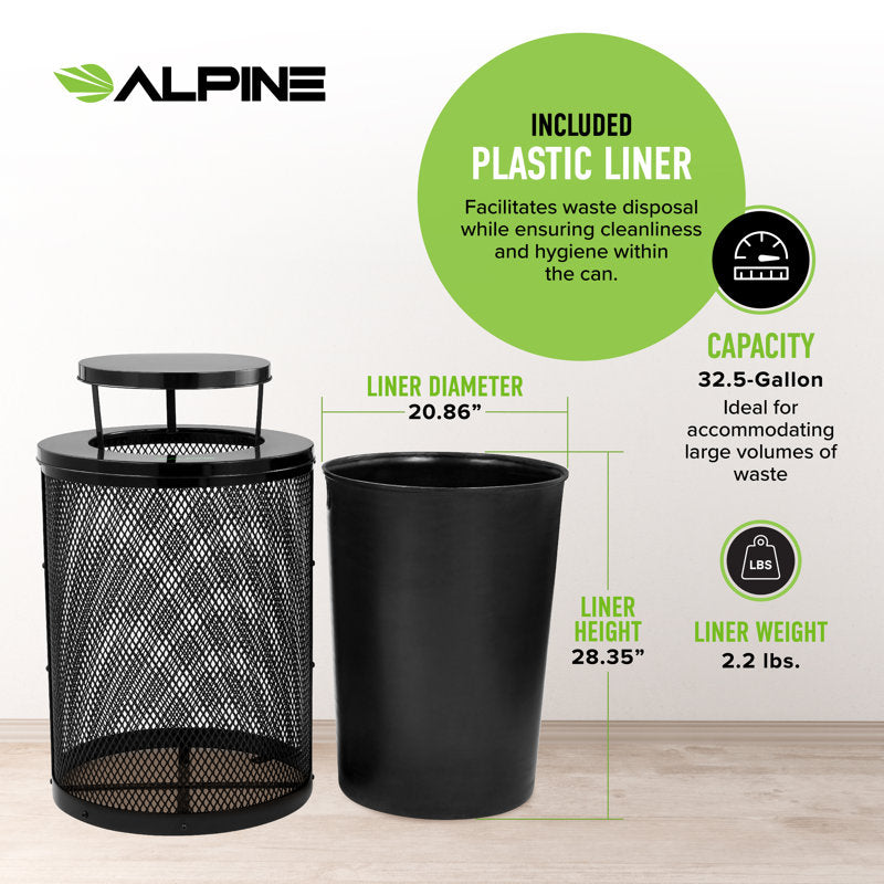 Alpine Industries Outdoor Diamond Steel Trash Can With Rain Bonnet Lid, 36 Gallon, Black