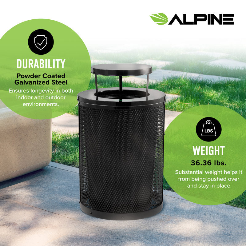 Alpine Industries Outdoor Diamond Steel Trash Can With Rain Bonnet Lid, 36 Gallon, Black