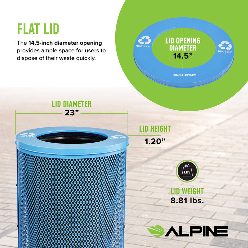 Alpine Industries Outdoor Diamond Steel Trash Can With Flat Lid, 36 Gallon, Blue