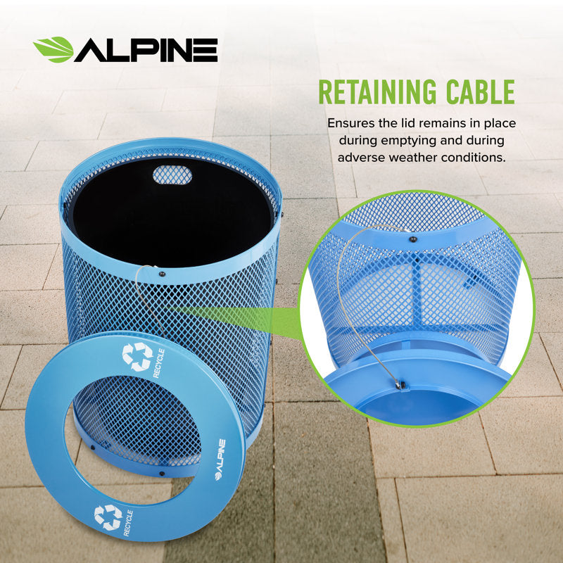 Alpine Industries Outdoor Diamond Steel Trash Can With Flat Lid, 36 Gallon, Blue