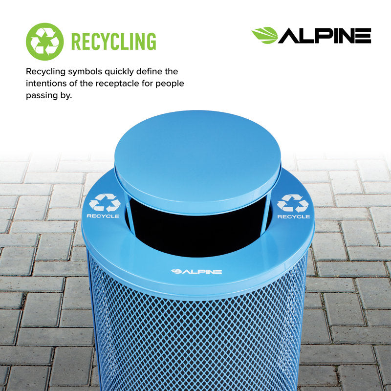 Alpine Industries Outdoor Diamond Steel Trash Can With Rain Bonnet Lid, 36 Gallon, Blue