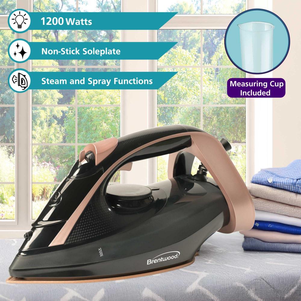Brentwood Non-Stick Steam Iron with Temperature Dial, Spray, and Self-Cleaning Functions, Black, Rose Gold