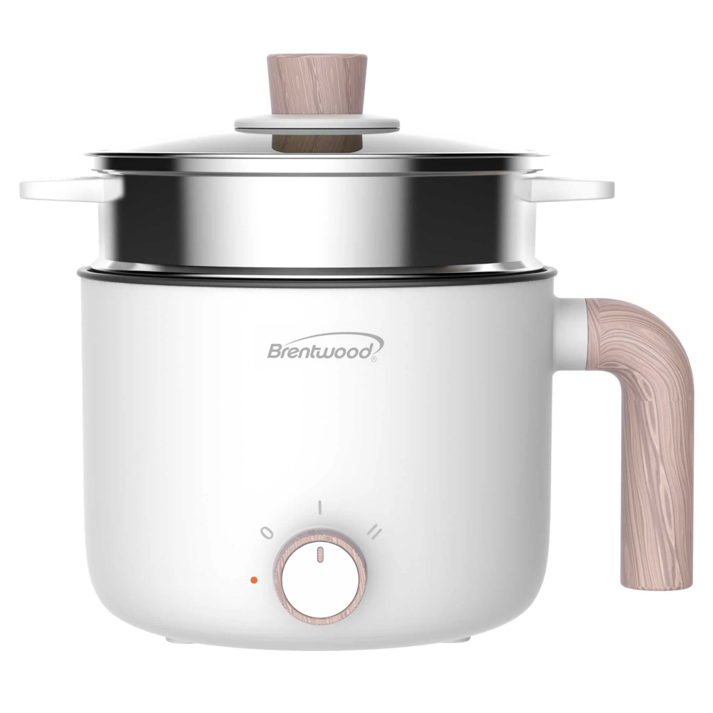 Brentwood 1.5-Liter Multi-Function Electric Hot Pot Cooker with Ceramic Non-Stick Coating and Stainless-Steel Food Steamer, White
