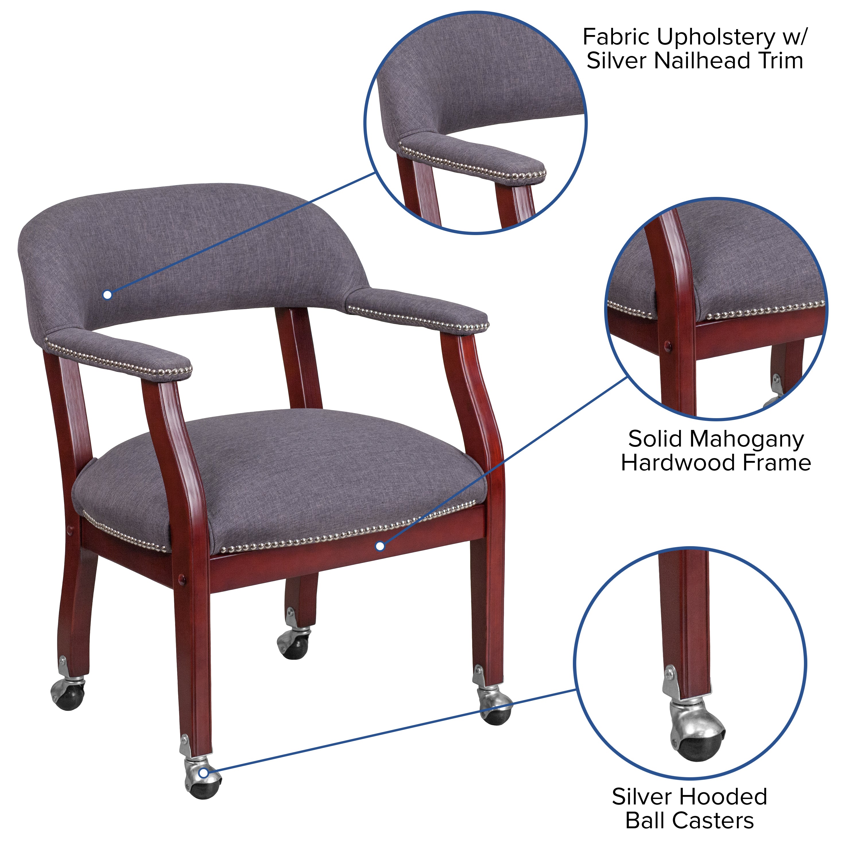 Sarah Gray Fabric Luxurious Conference Chair with Accent Nail Trim and Casters