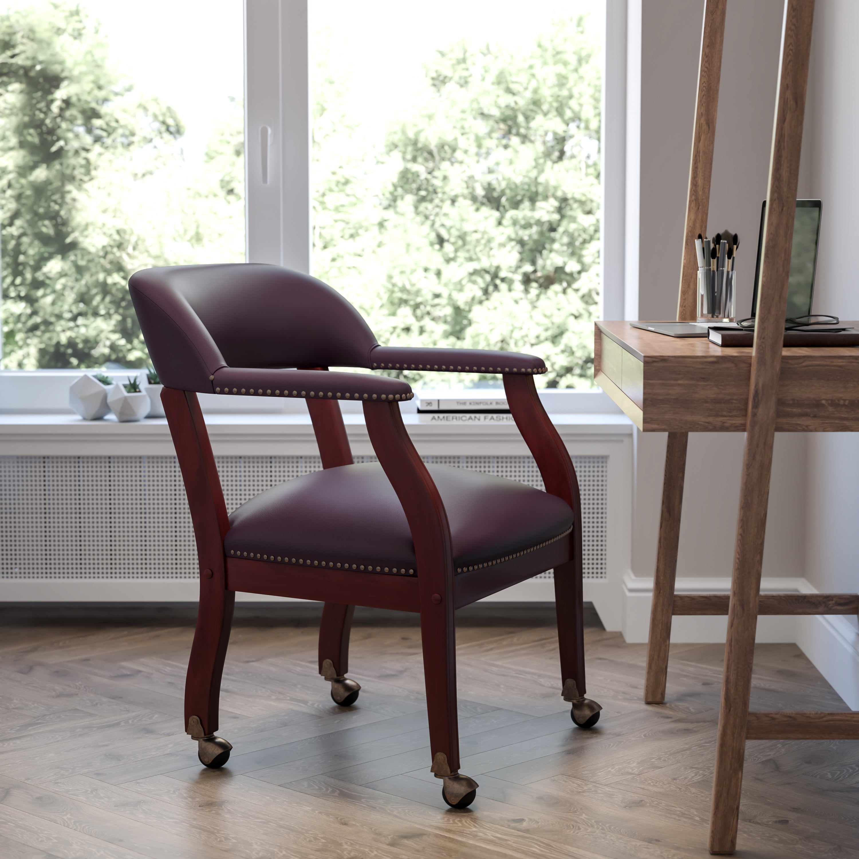 Diamond Burgundy LeatherSoft Conference Chair with Accent Nail Trim and Casters